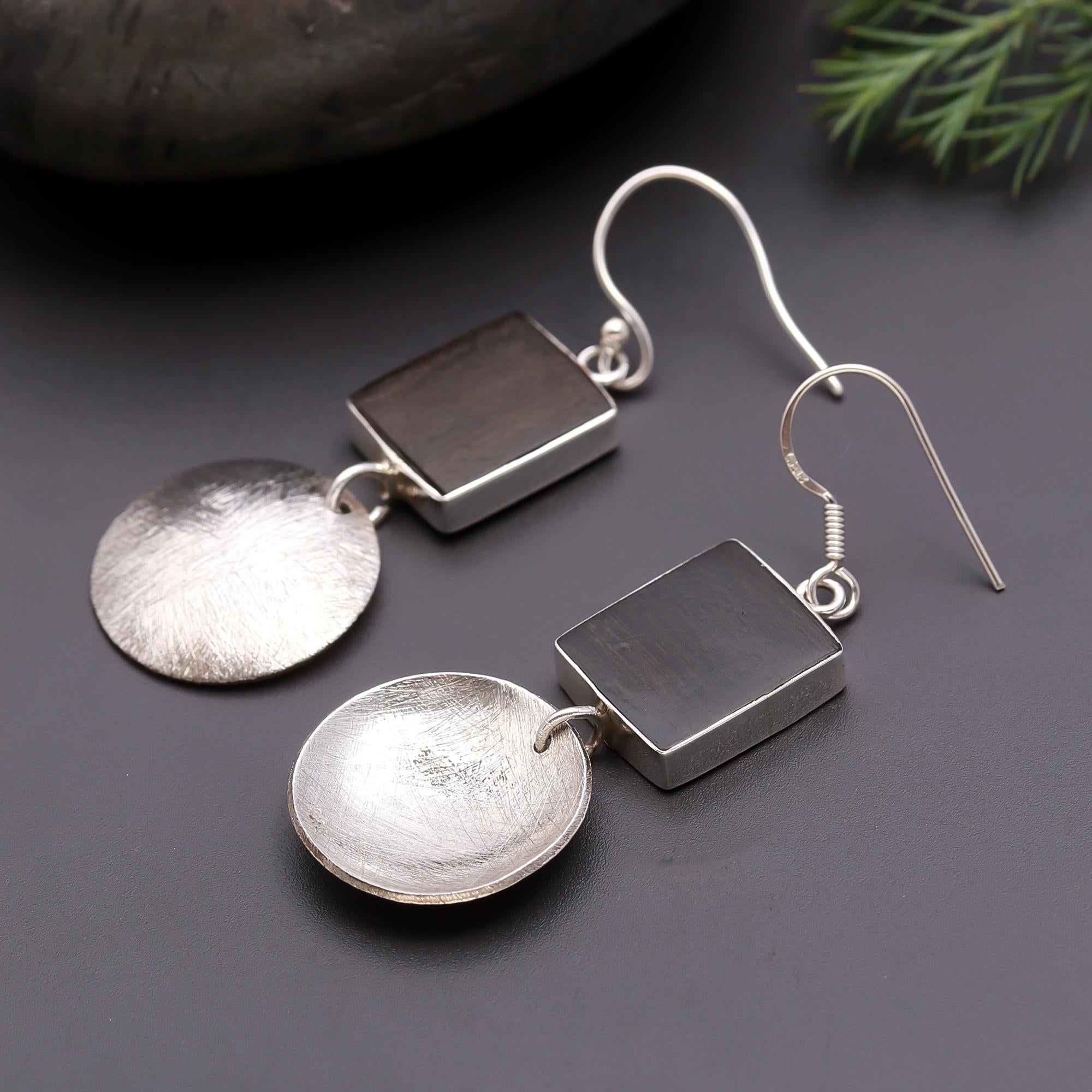 925 Silver Black Wood Textured Disc Dangle Earrings