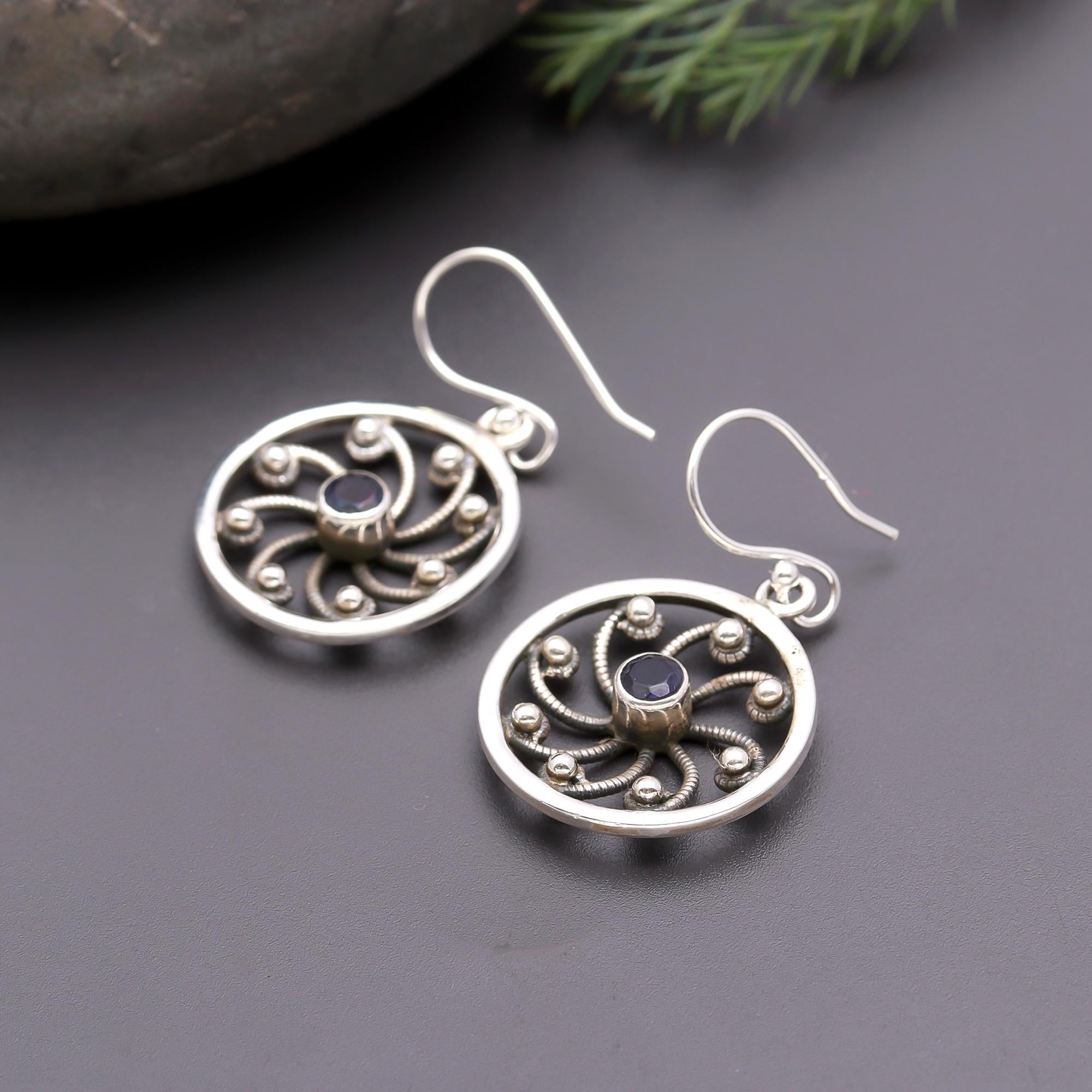 925 Silver Round Filigree Amethyst Dangle Earrings