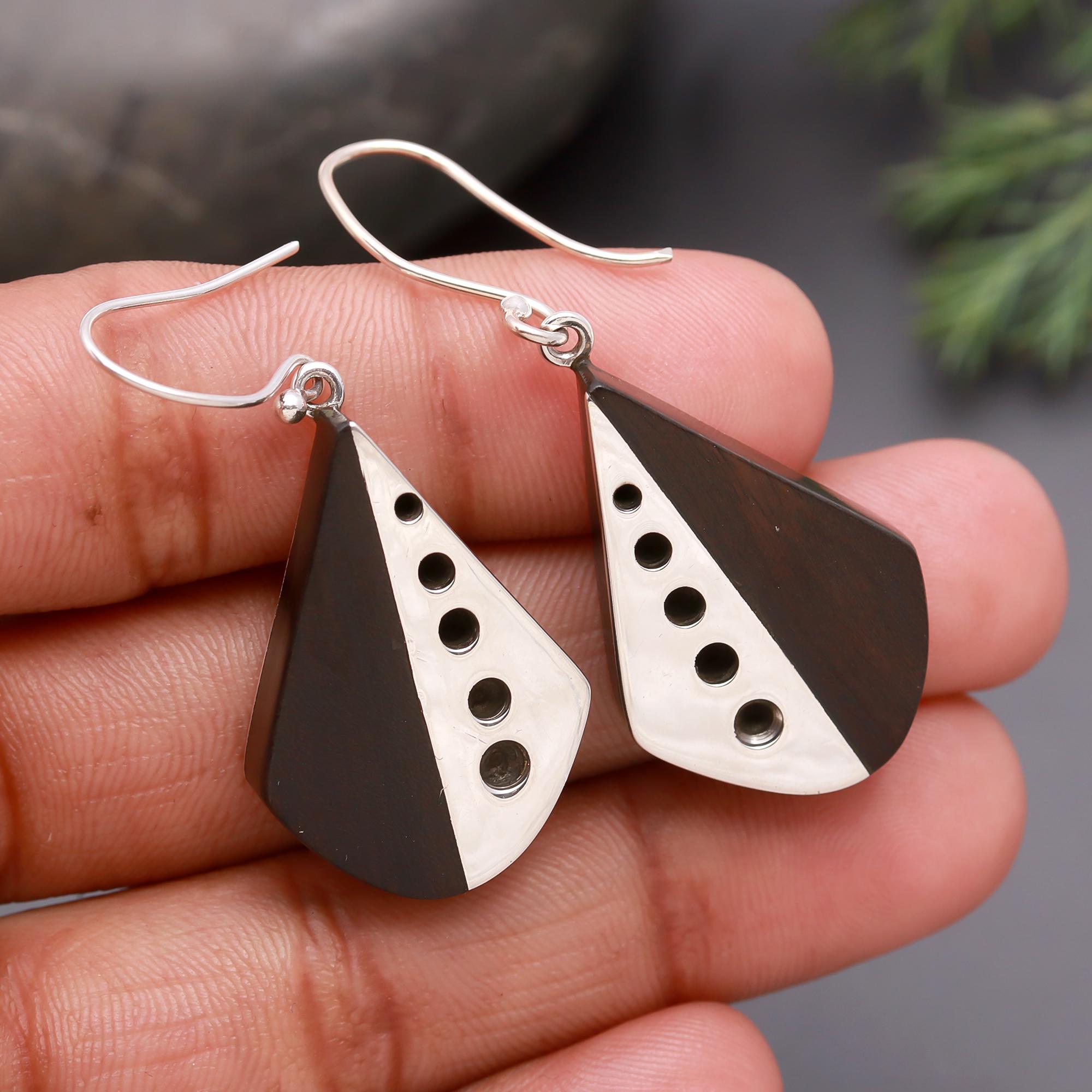 925 Silver Black Wood Dangle Earrings
