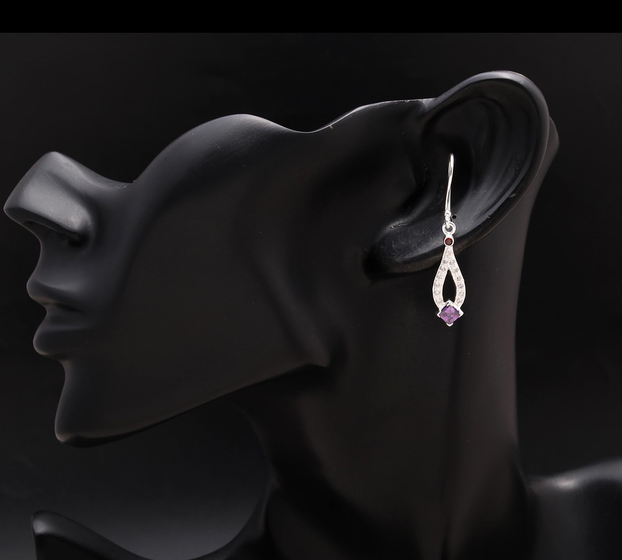 925 Silver Amethyst and Garnet Dangle Earrings