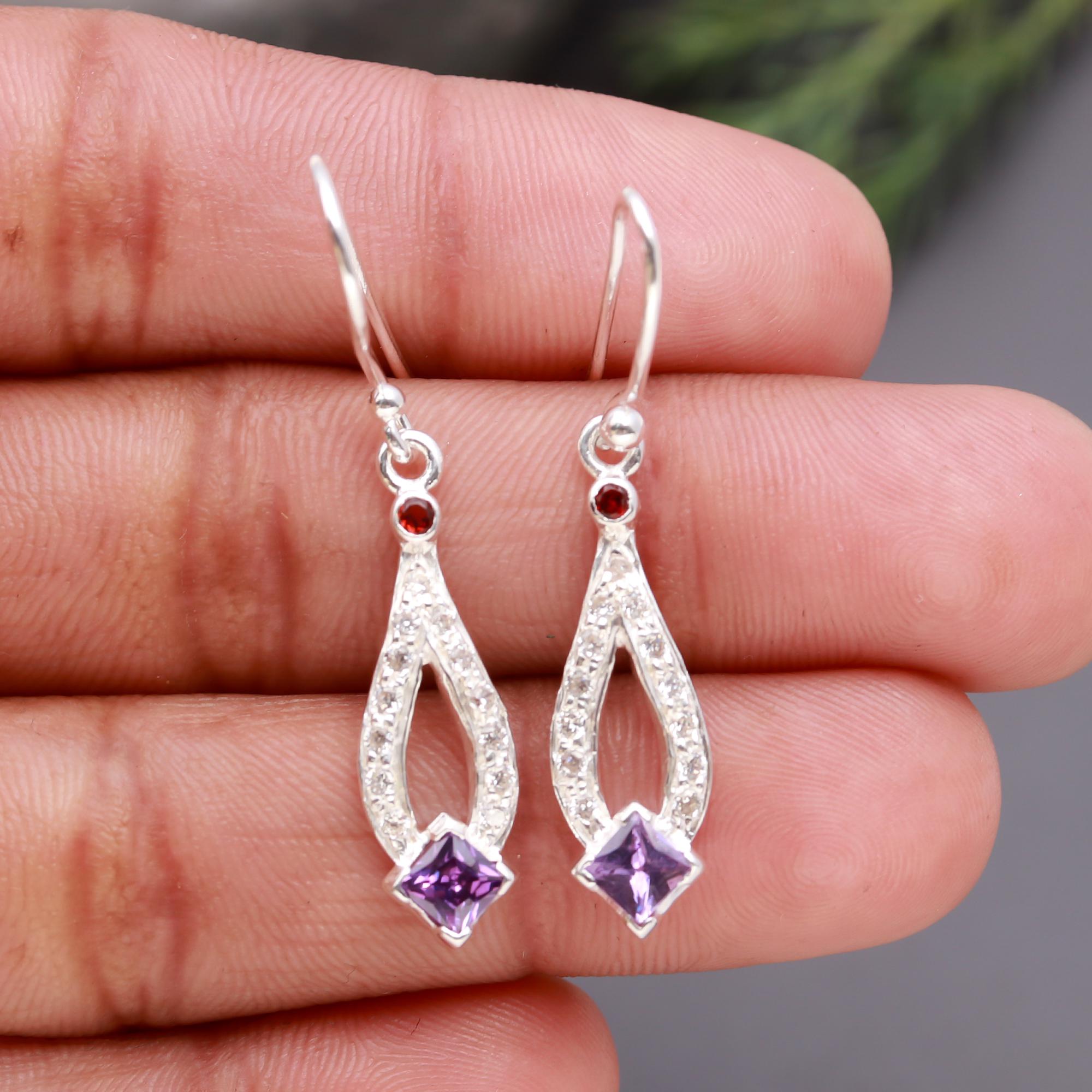 925 Silver Amethyst and Garnet Dangle Earrings