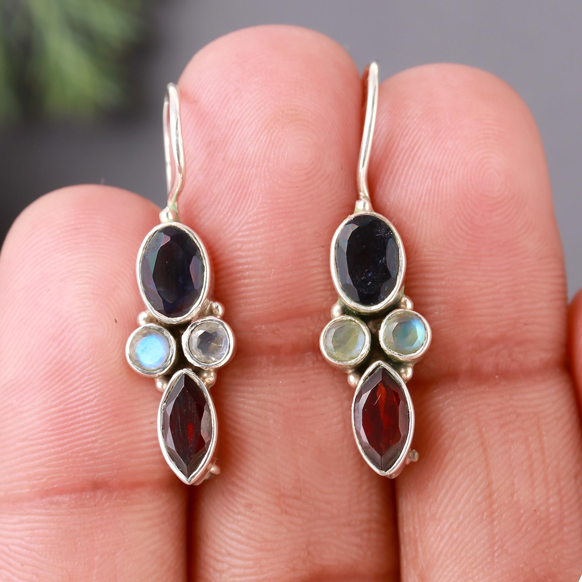 925 Silver Iolite, Moonstone, and Garnet Dangle Earrings