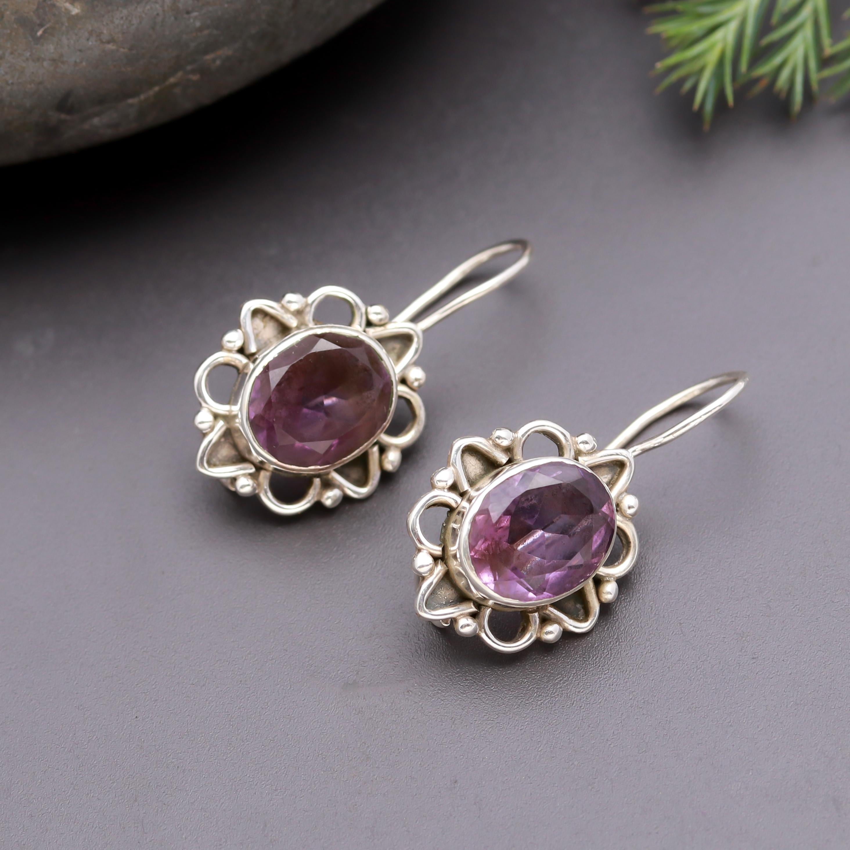 925 Silver Amethyst Filigree Dangle Earrings