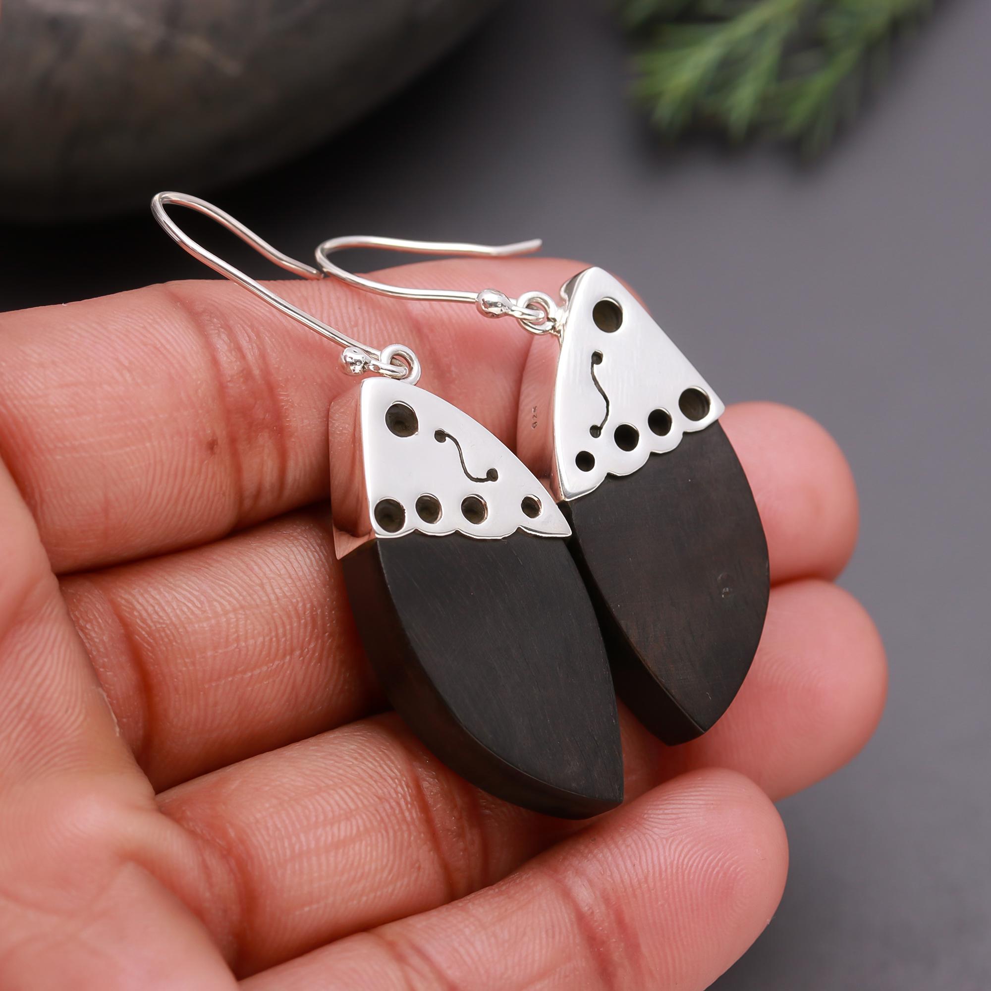 925 Silver Wood Dangle Earrings