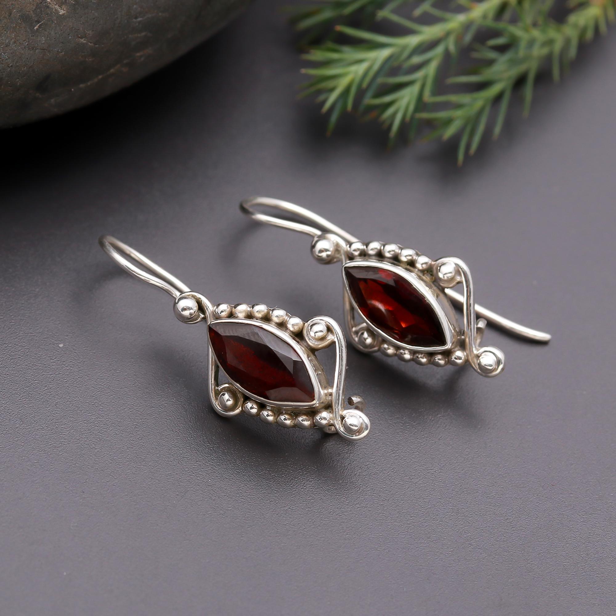925 Silver Marquise Garnet Dangle Earrings