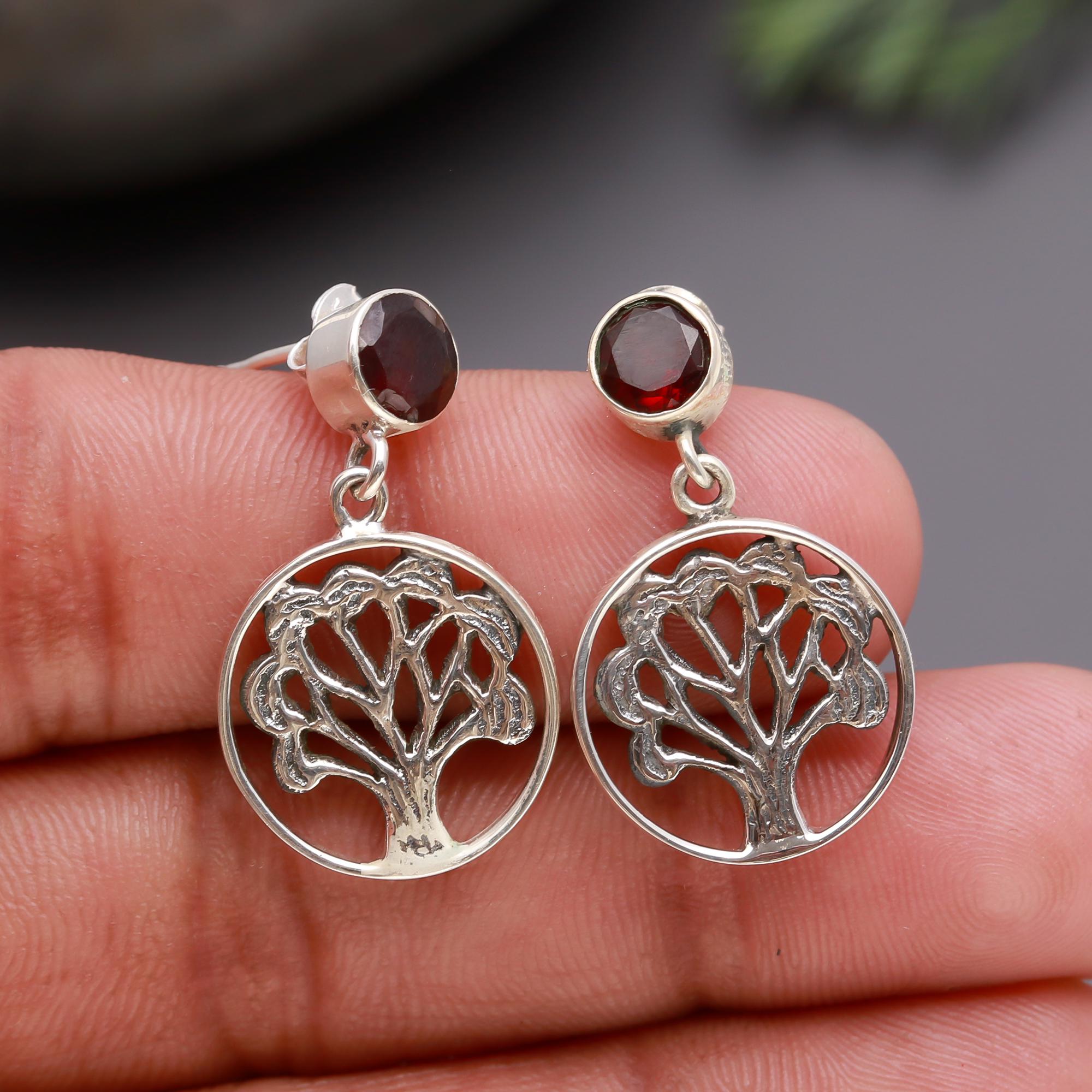 925 Silver Tree of Life Garnet Drop Earrings