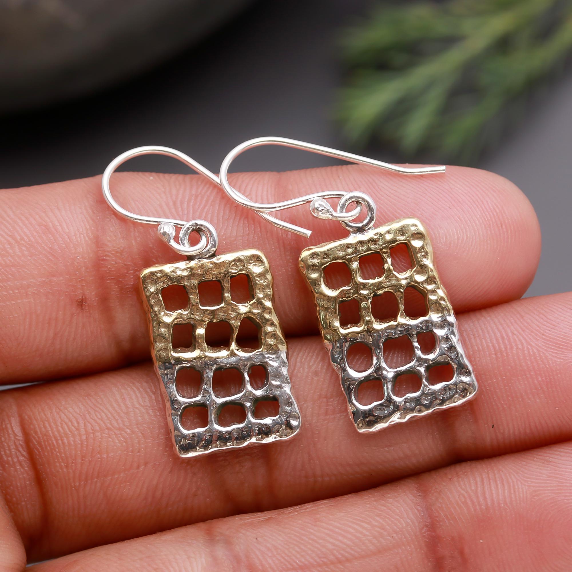 925 Silver Textured Grid Dangle Earrings
