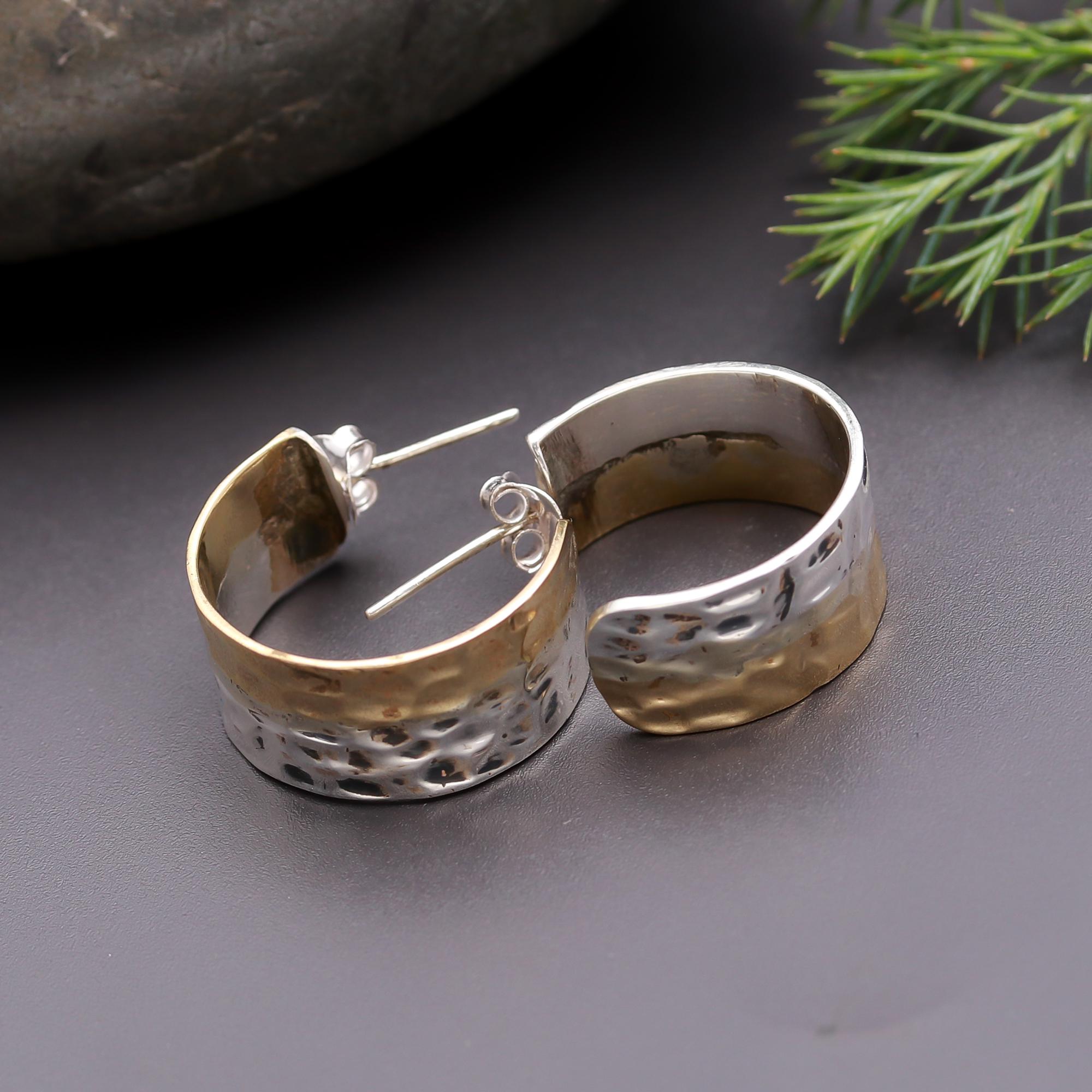 925 Silver Hammered Wide Stud Earrings