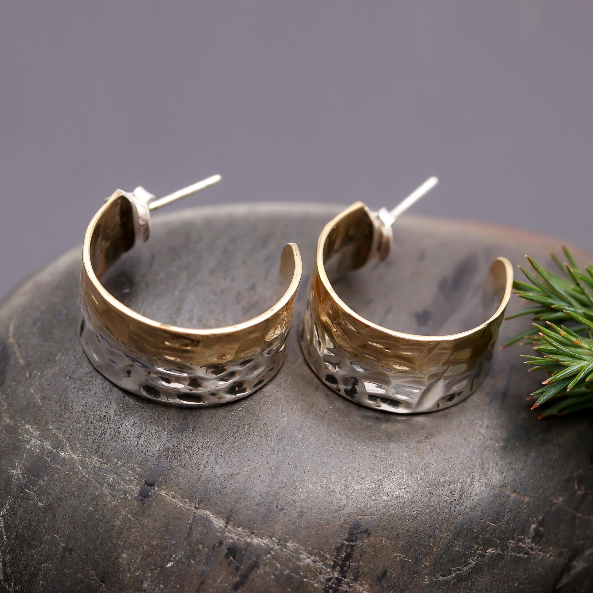 925 Silver Hammered Wide Stud Earrings