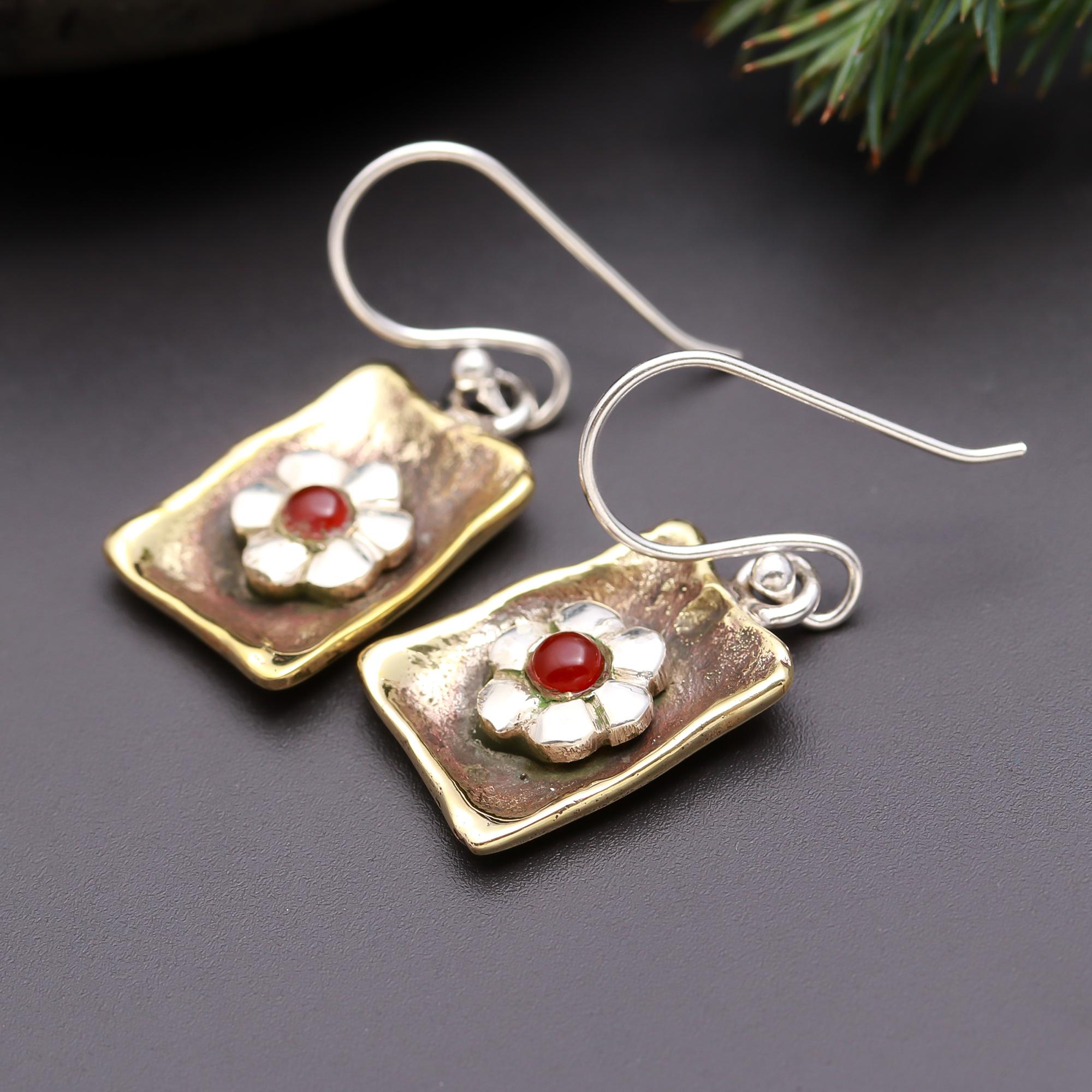 925 Silver Floral Red Stone Dangle Earrings