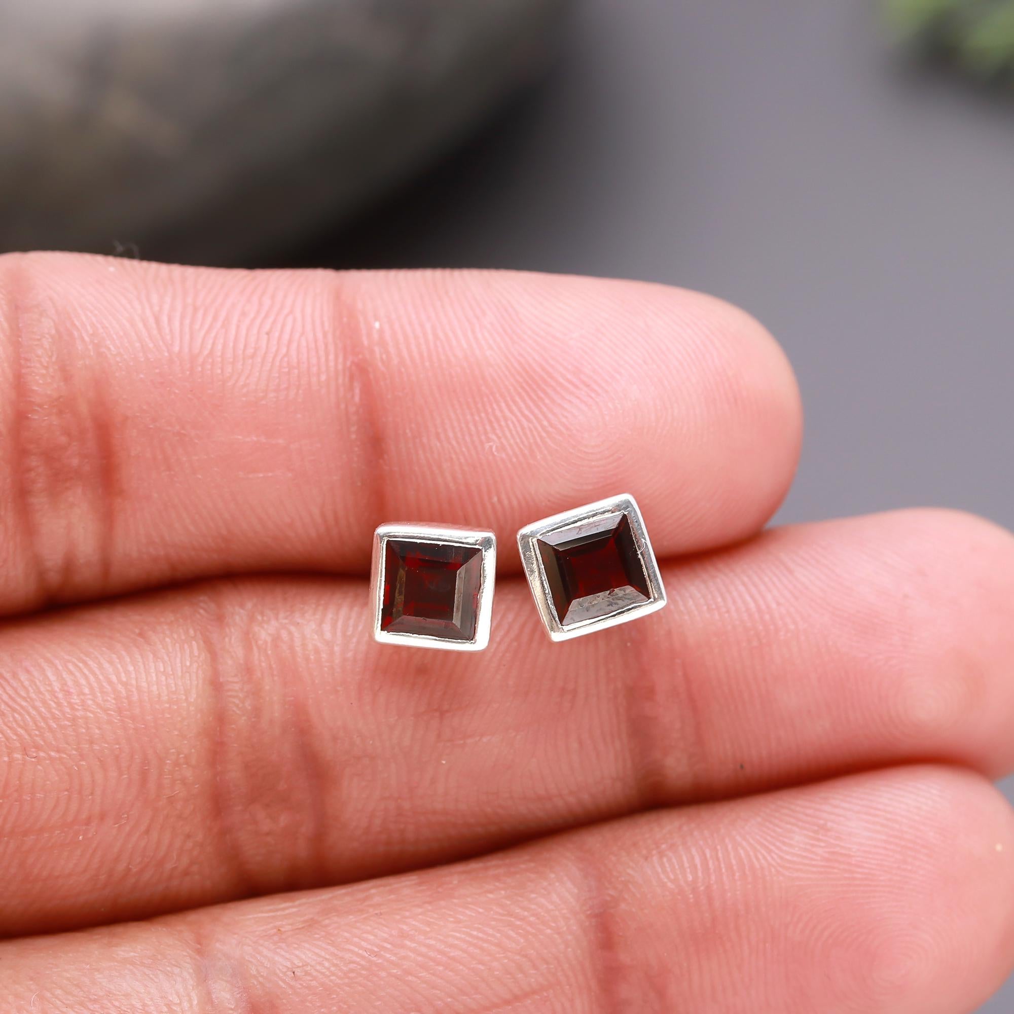 925 Silver Square Garnet Stud Earrings