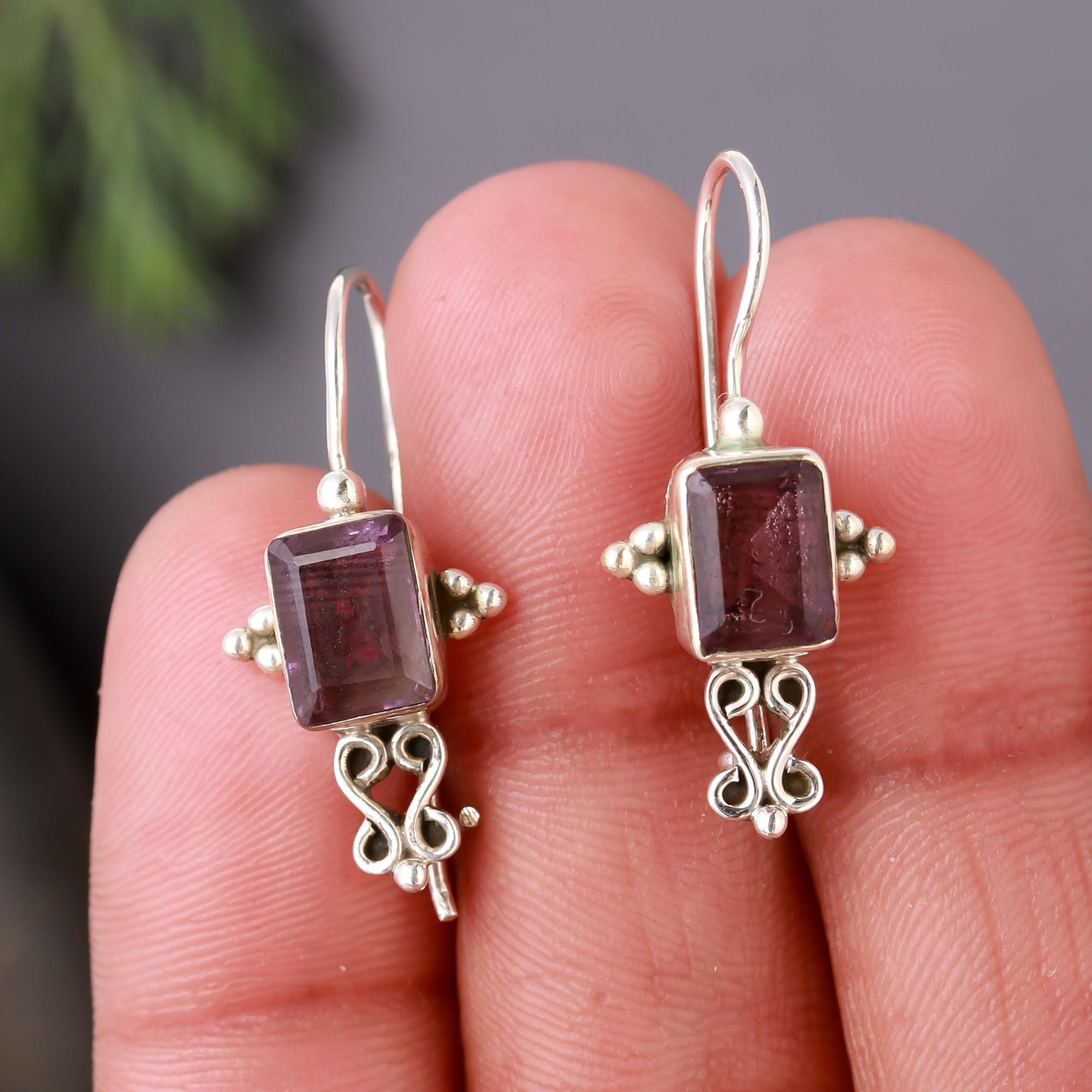 925 Silver Garnet Dangle Earrings