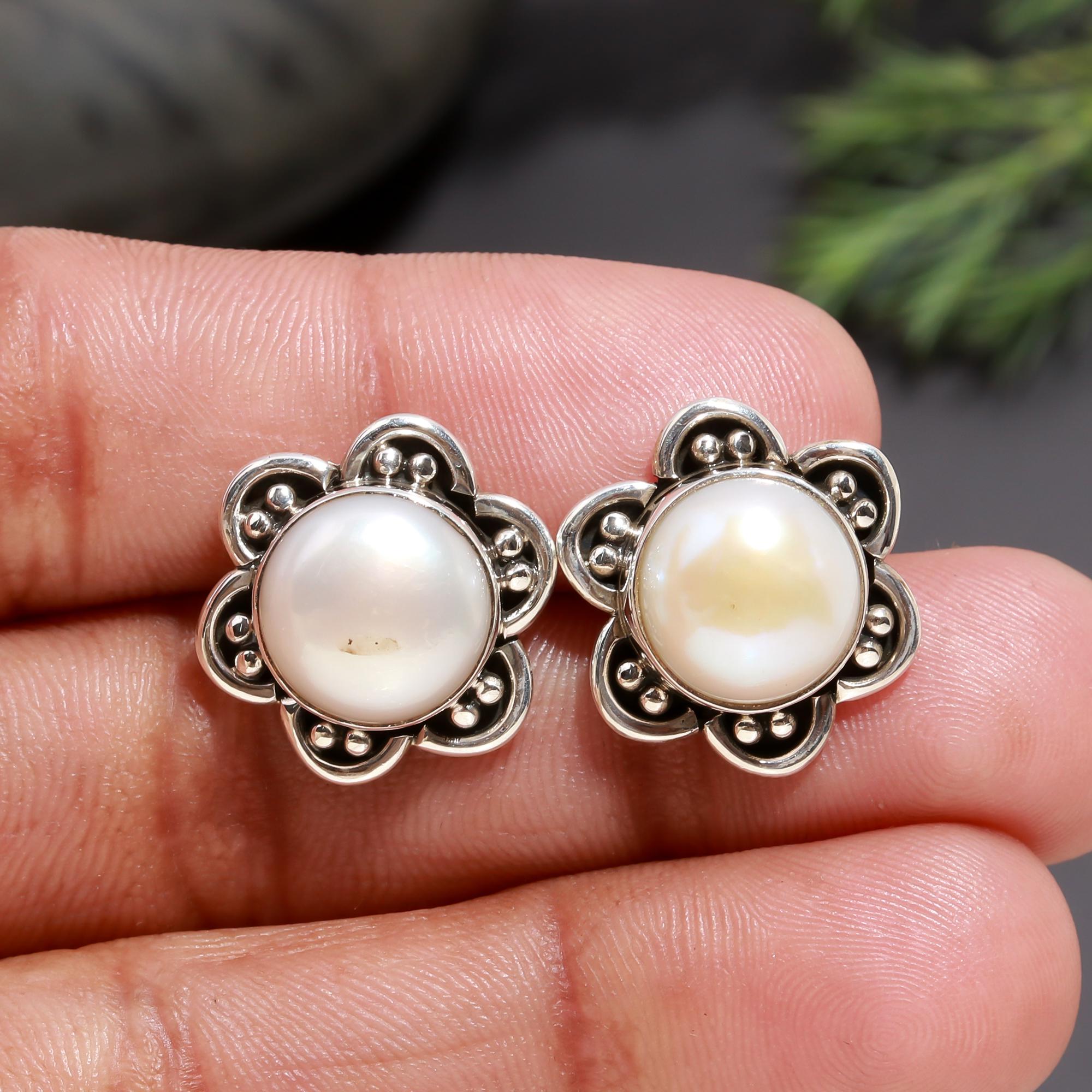 925 Silver Round White Pearl Floral Stud Earrings