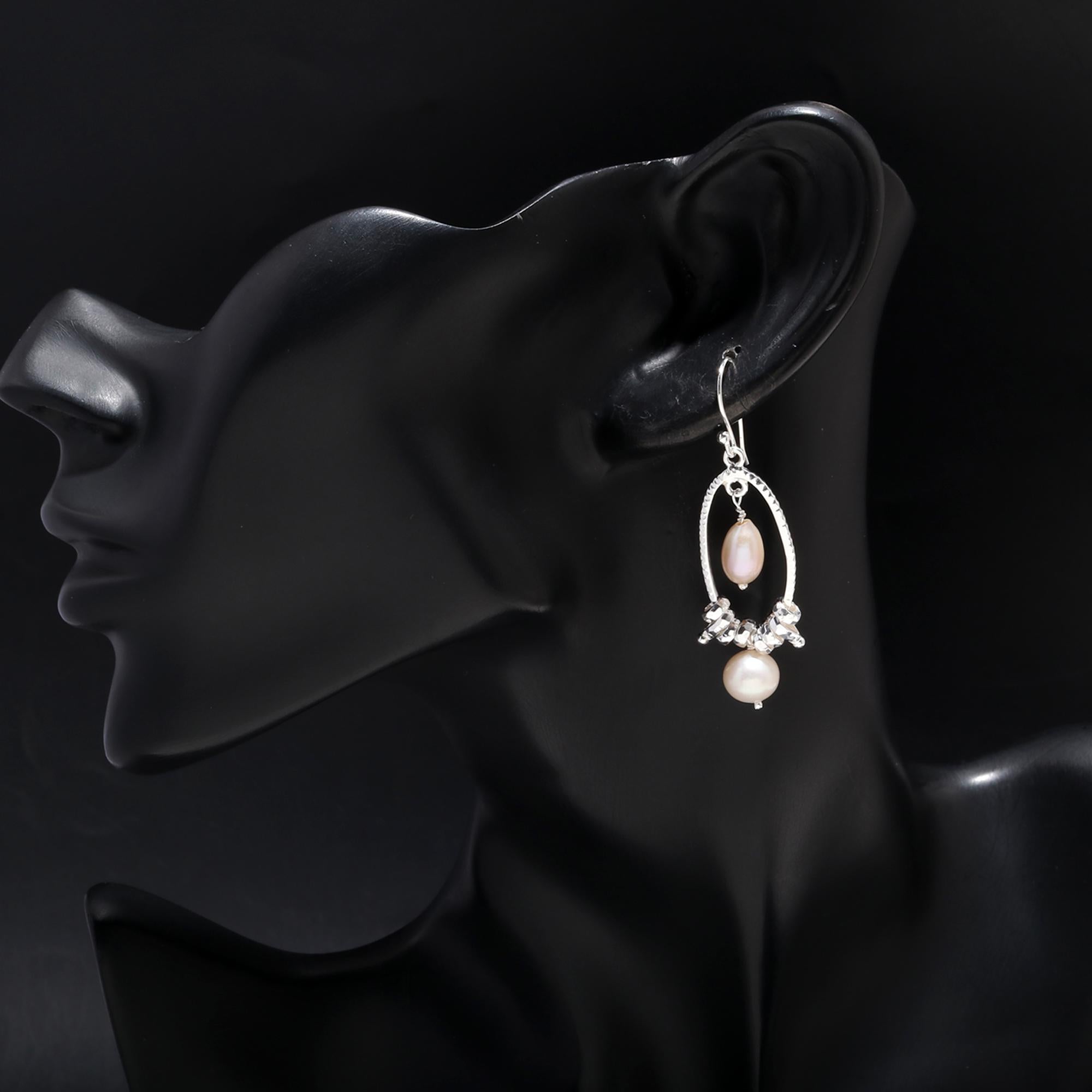 925 Silver Hammered Oval Pearl Dangle Earrings