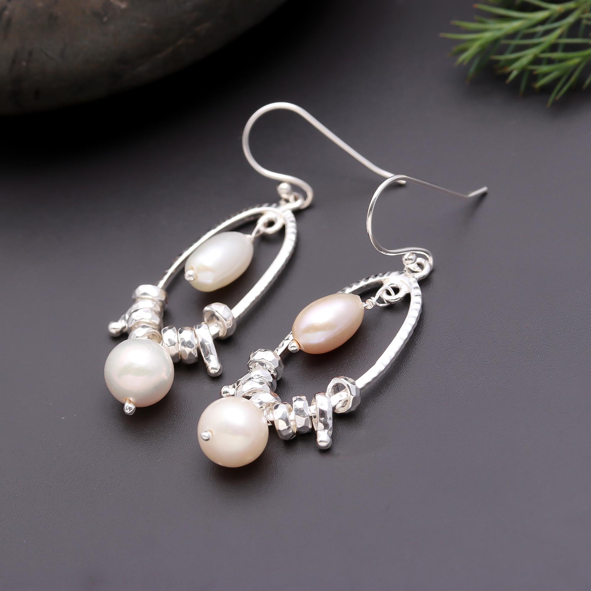 925 Silver Hammered Oval Pearl Dangle Earrings