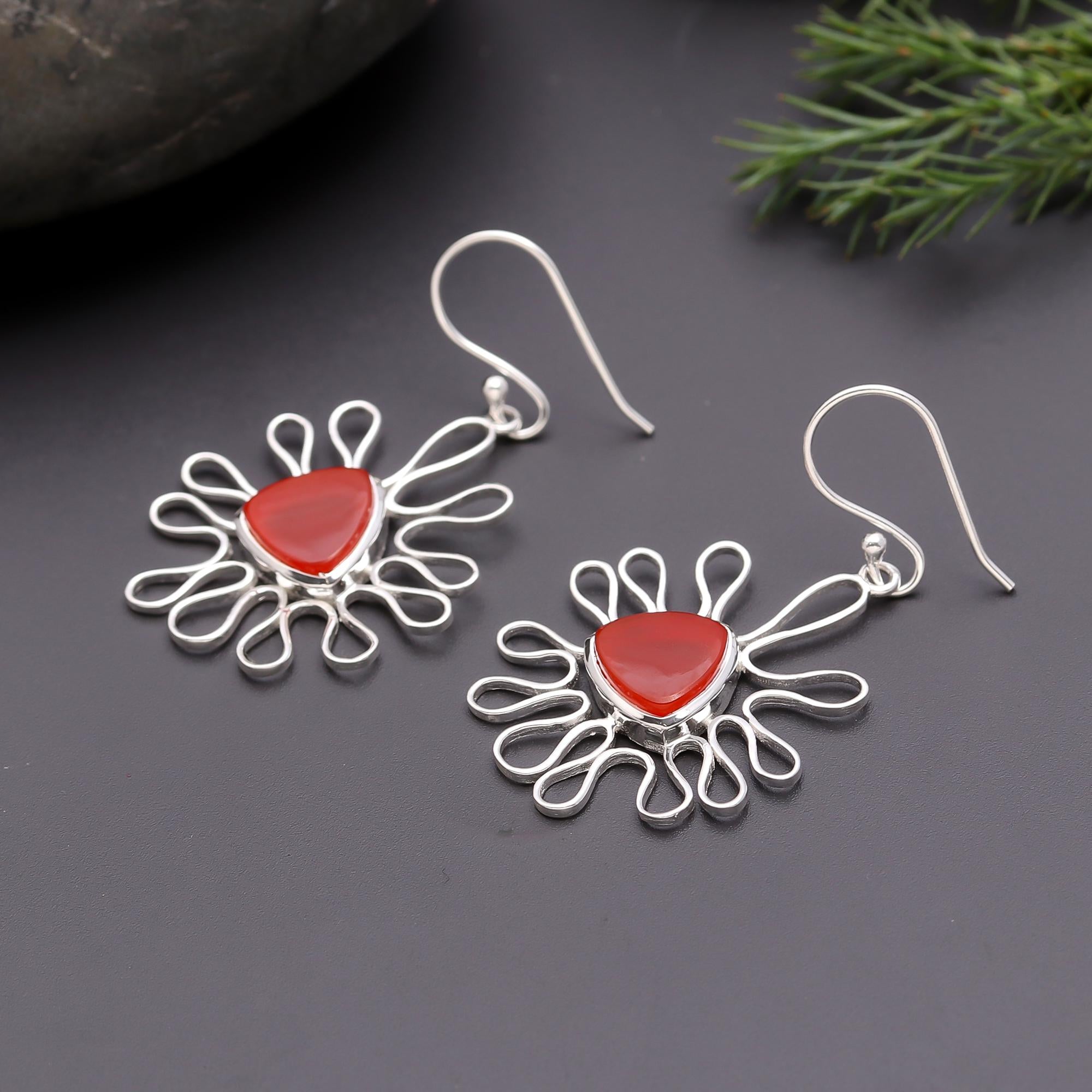 925 Silver Sunburst Carnelian Dangle Earrings