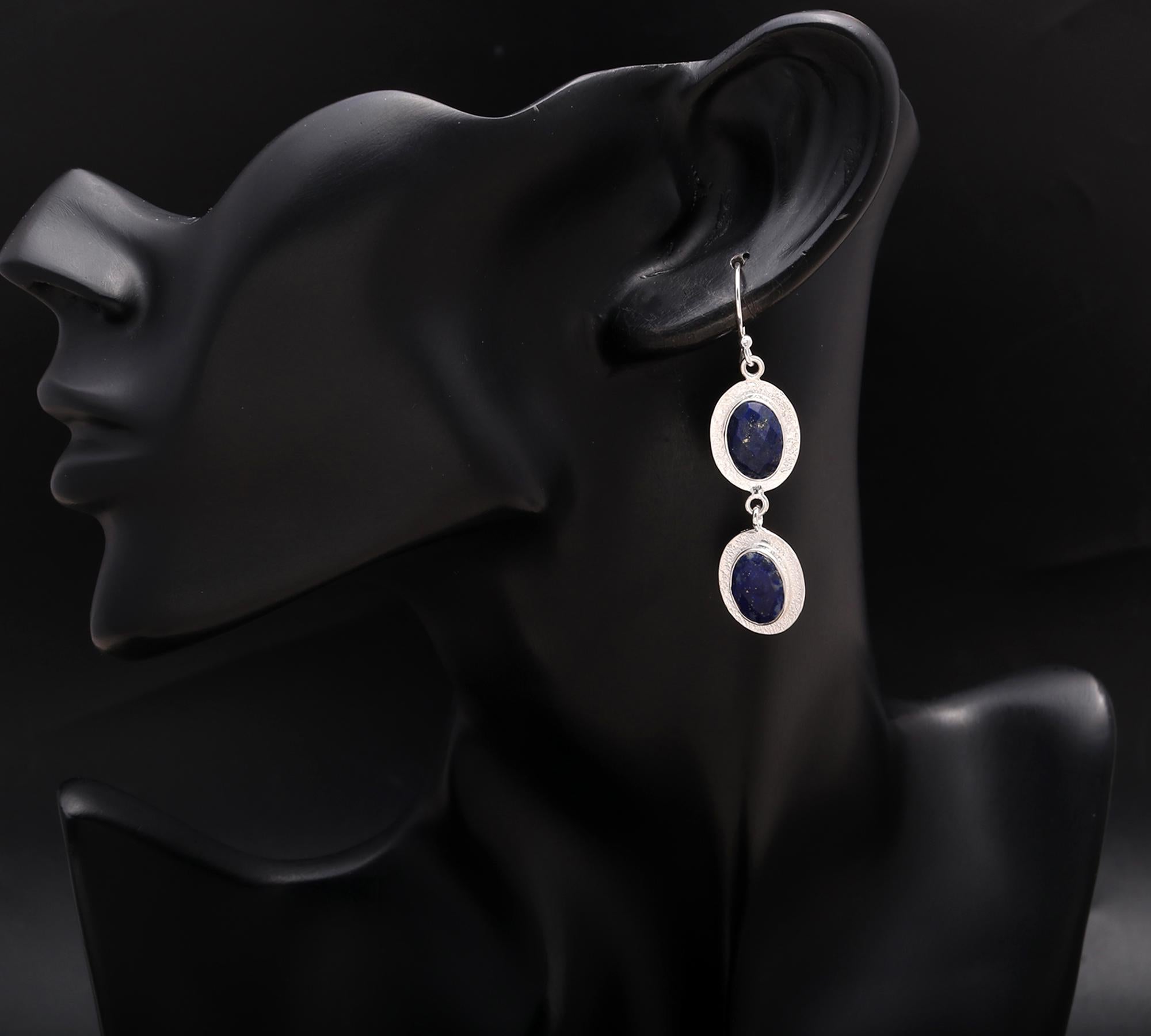 925 Silver Triple Oval Lapis Lazuli Dangle Earrings