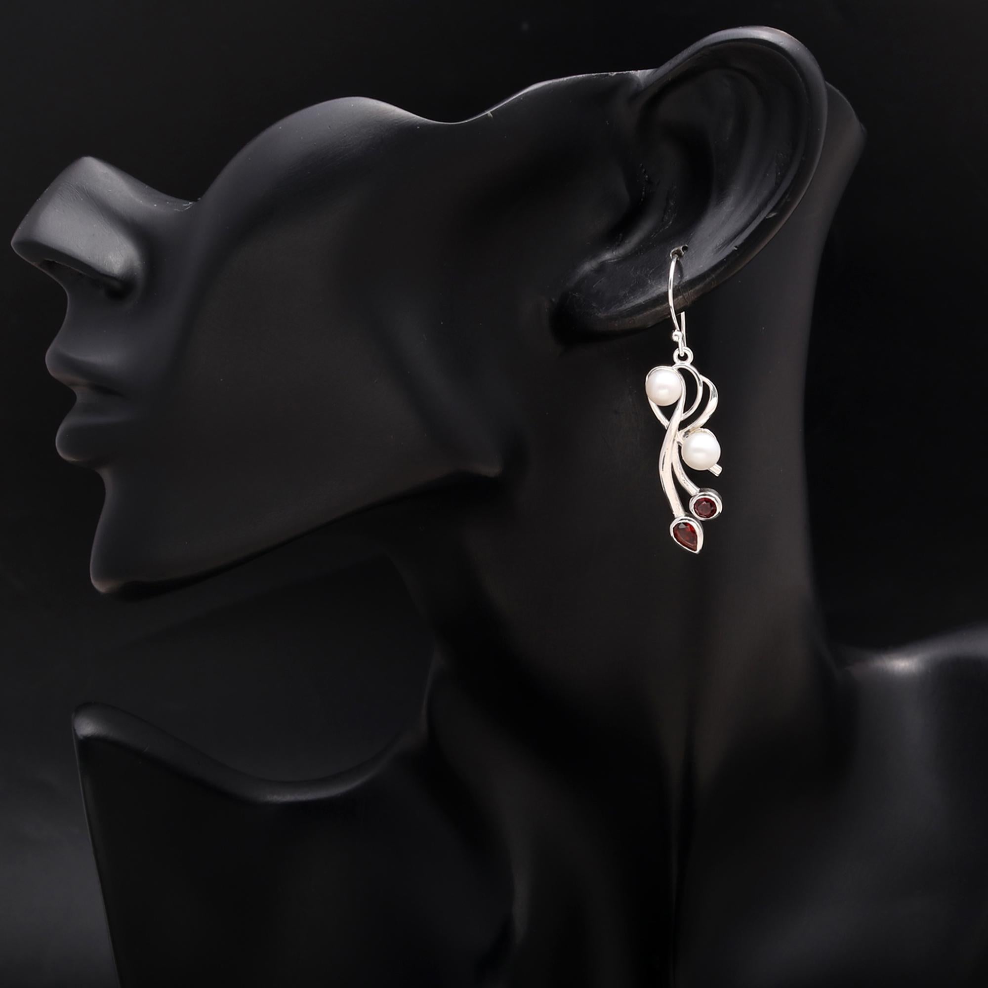 925 Silver Pearl and Garnet Dangle Earrings