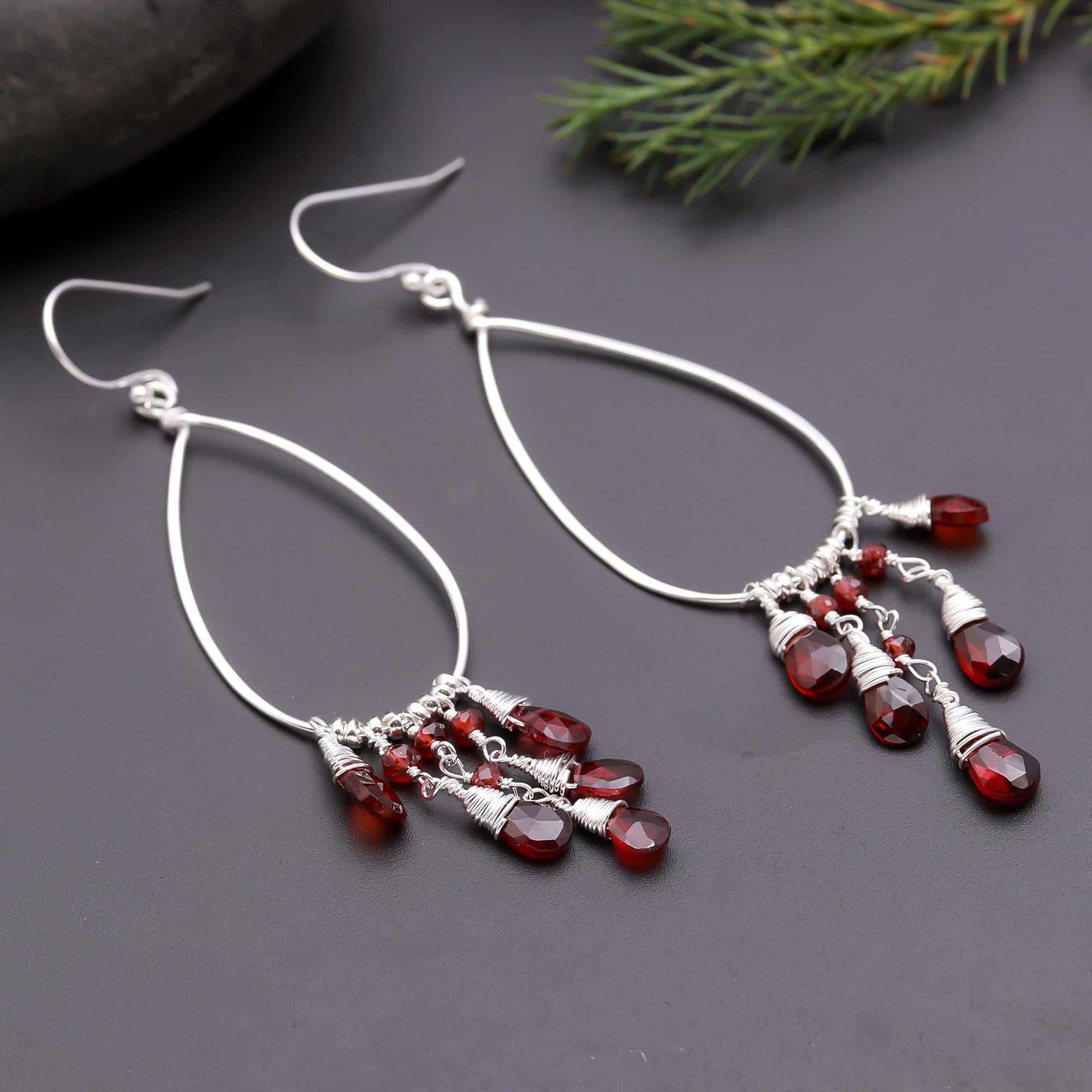 925 Silver Garnet Teardrop Beads Dangle Earrings