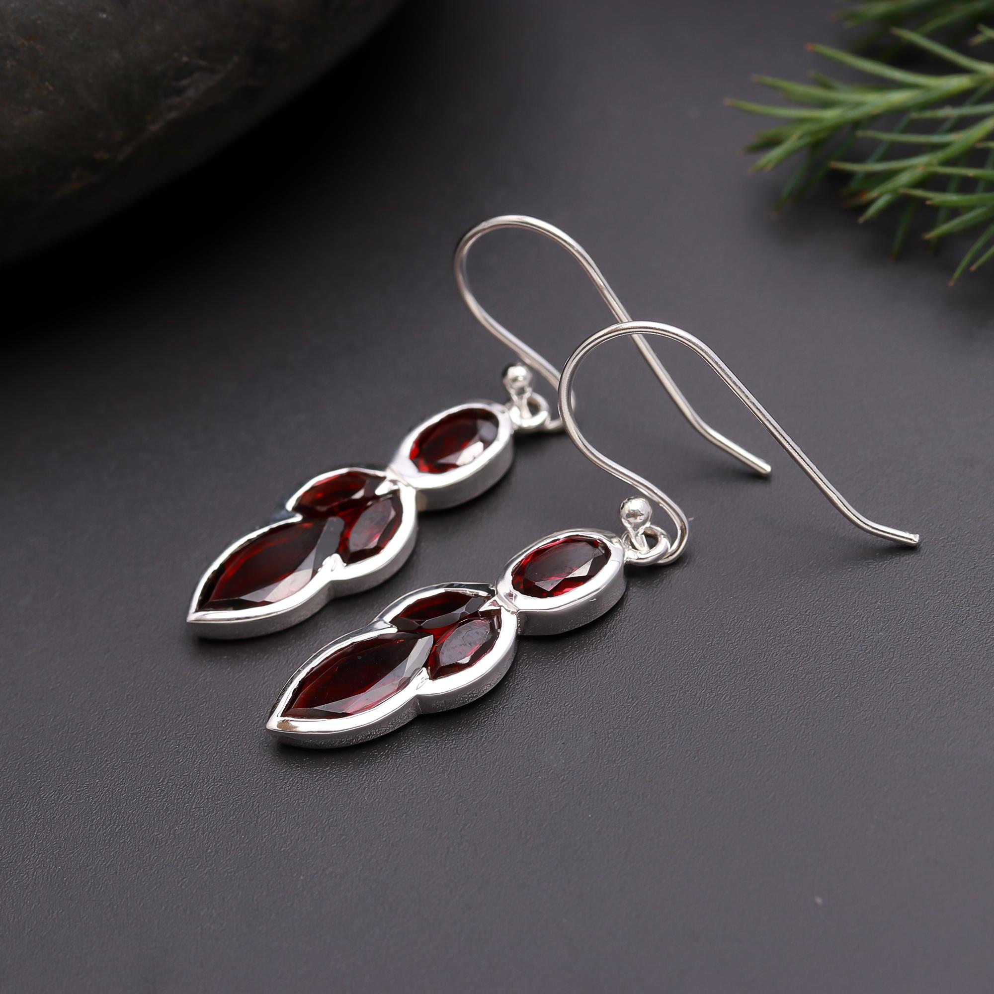 925 Silver Multi-Cut Garnet Drop Earrings