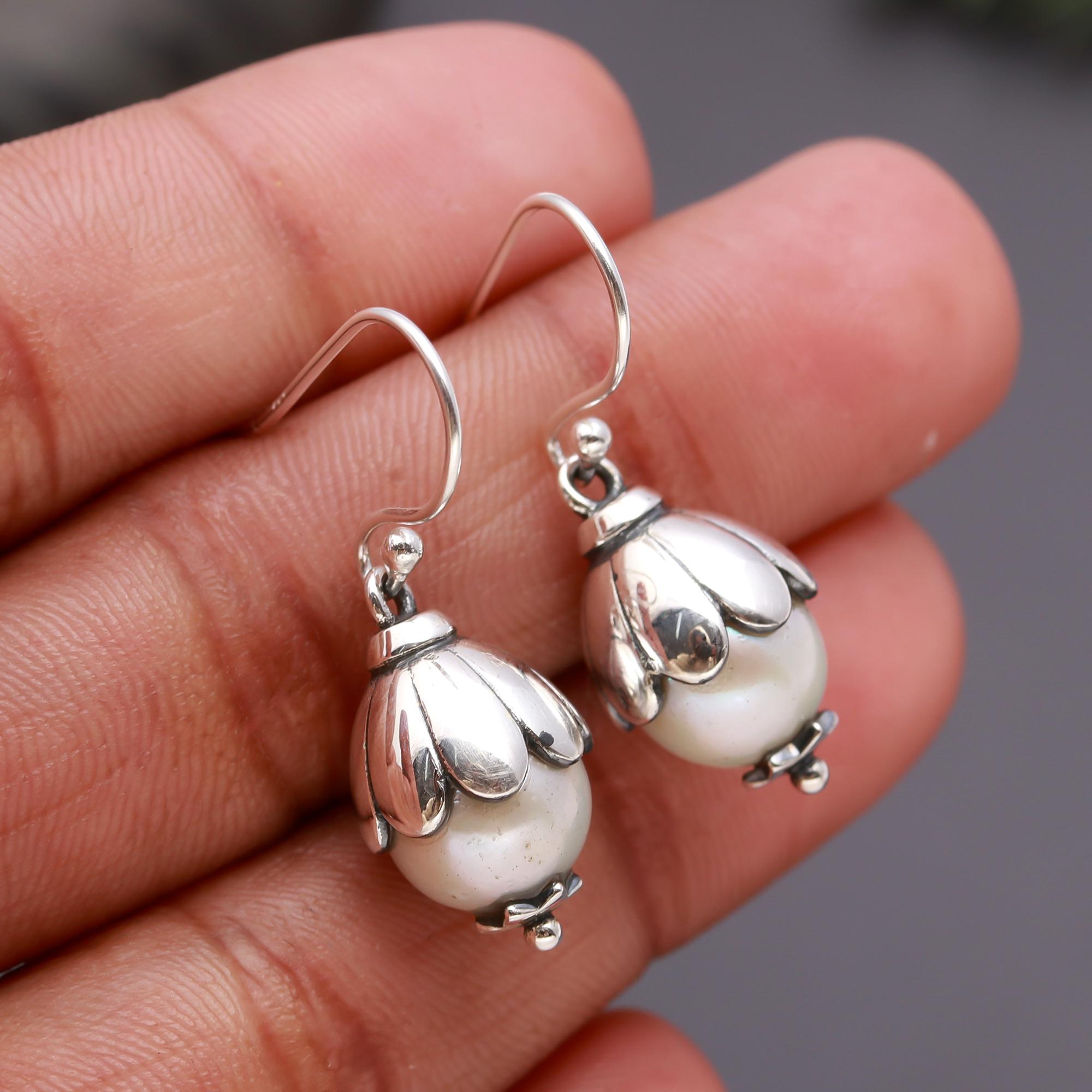 925 Silver Floral Pearl Drop Earrings