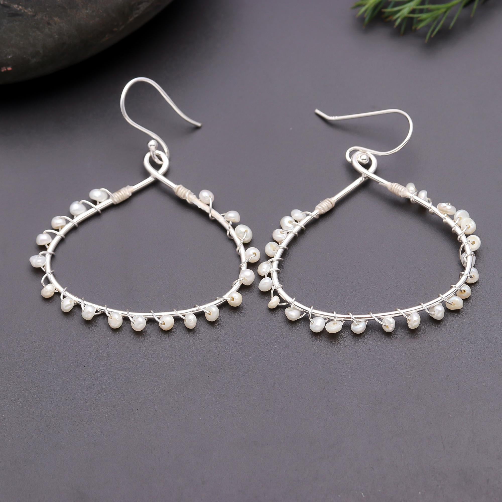 925 Silver Teardrop Wire Pearls Dangle Earrings