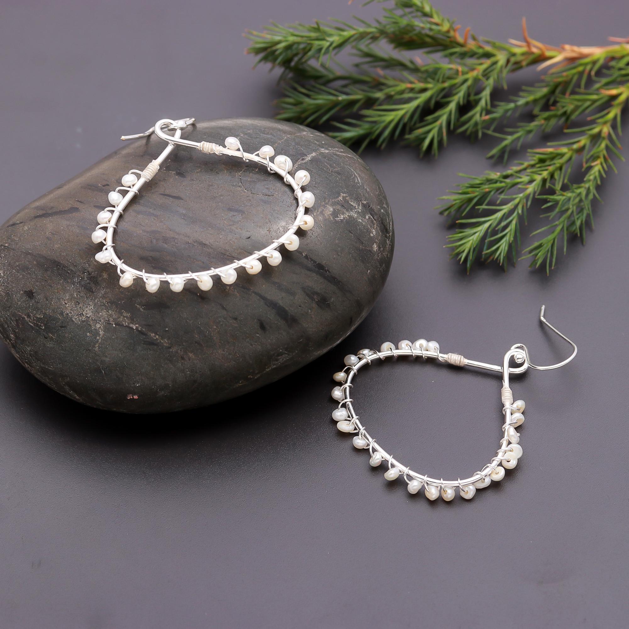 925 Silver Teardrop Wire Pearls Dangle Earrings