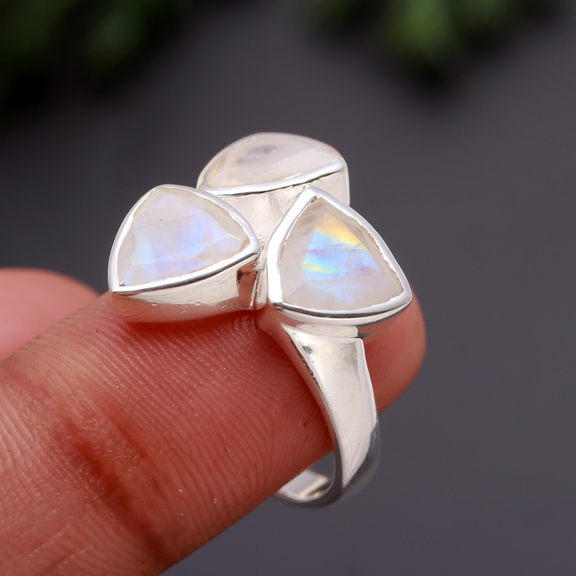 925 Silver Trio Rainbow Moonstone Ring