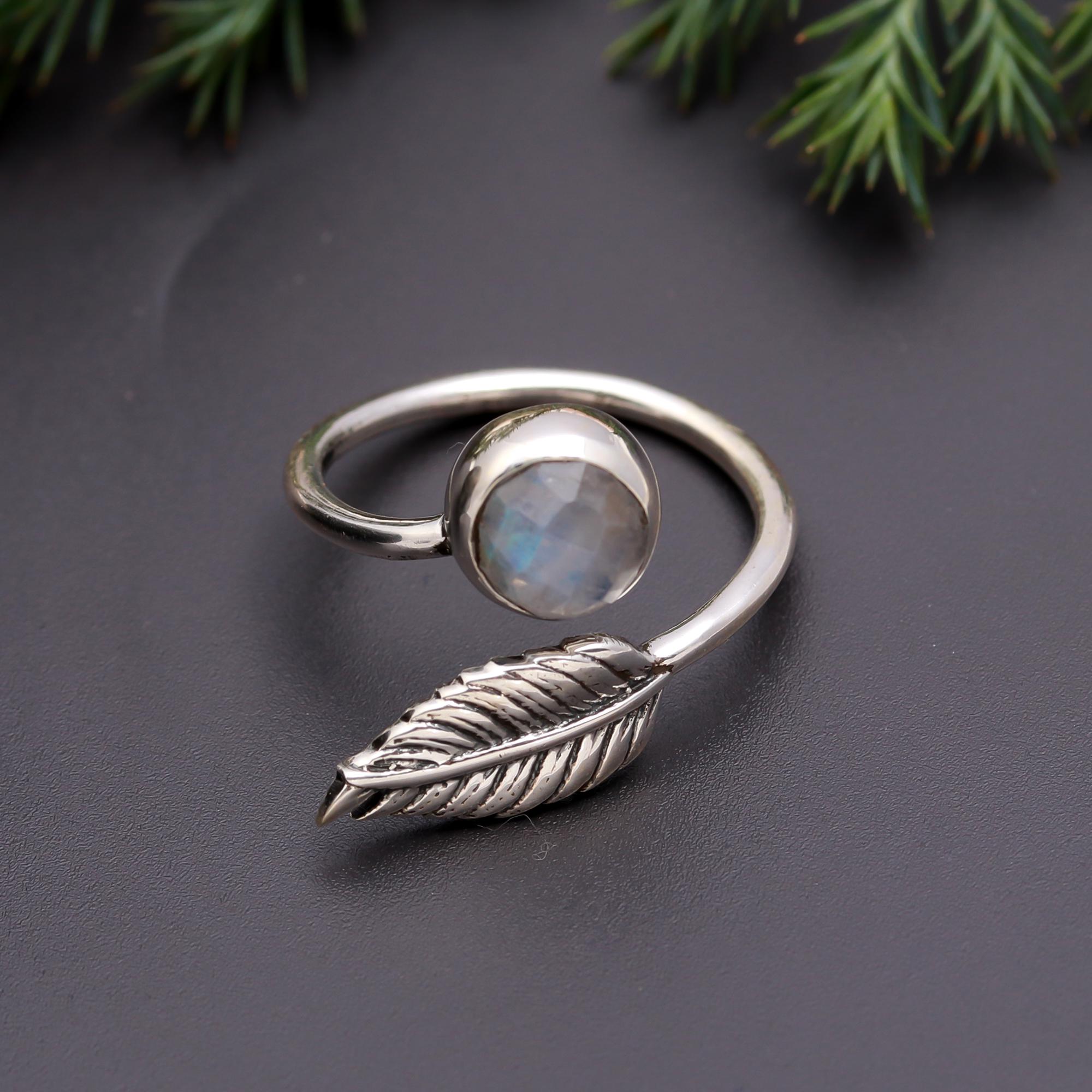 925 Silver Leaf Rainbow Moonstone Ring