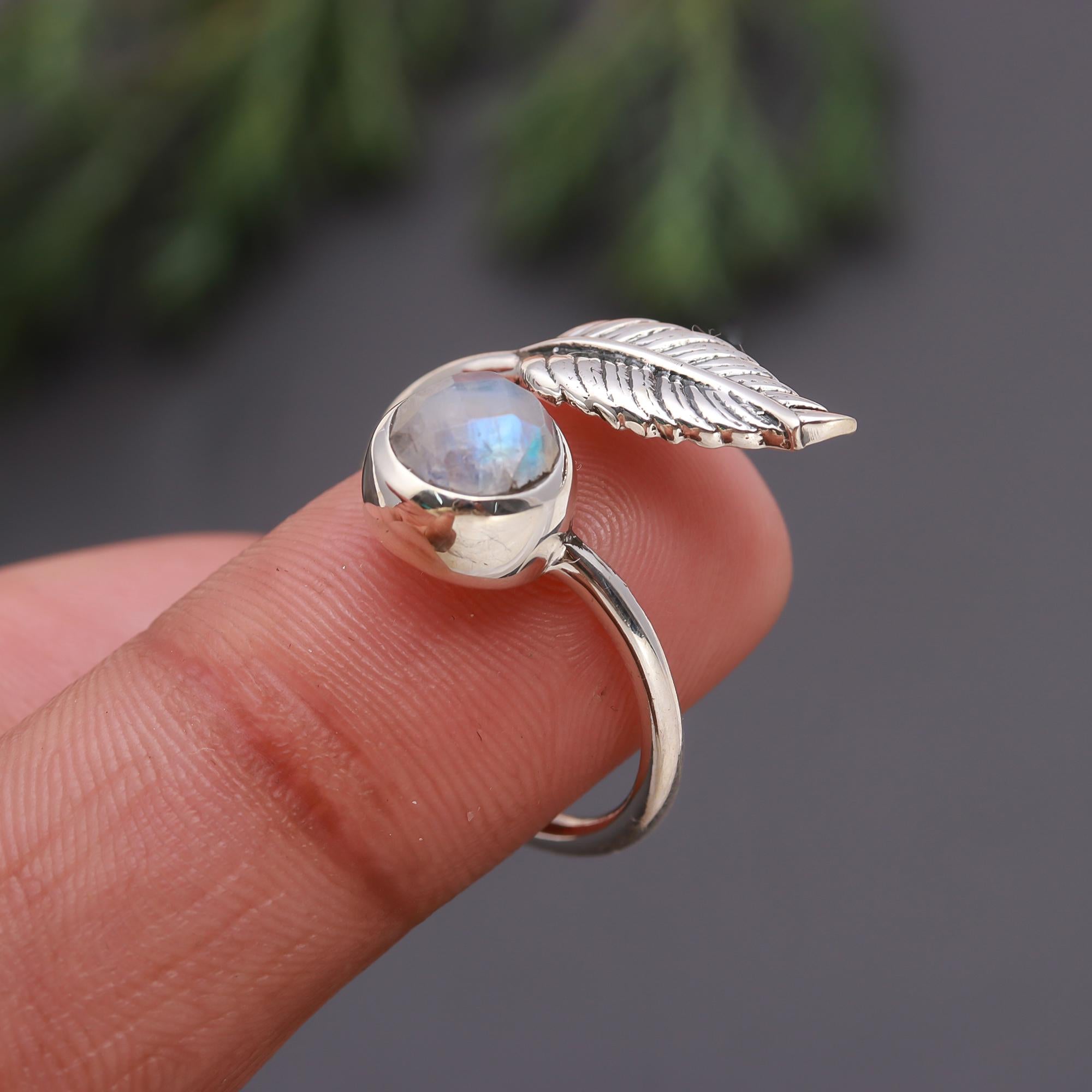925 Silver Leaf Rainbow Moonstone Ring