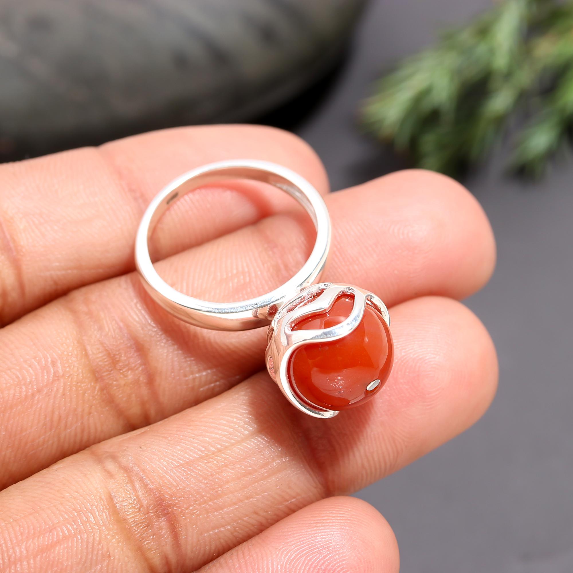 925 Silver Round Red Coral Solitaire Ring