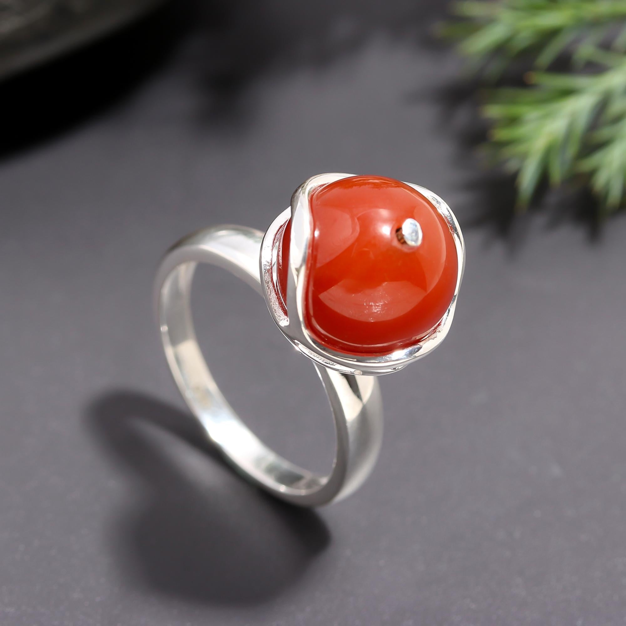 925 Silver Round Red Coral Solitaire Ring