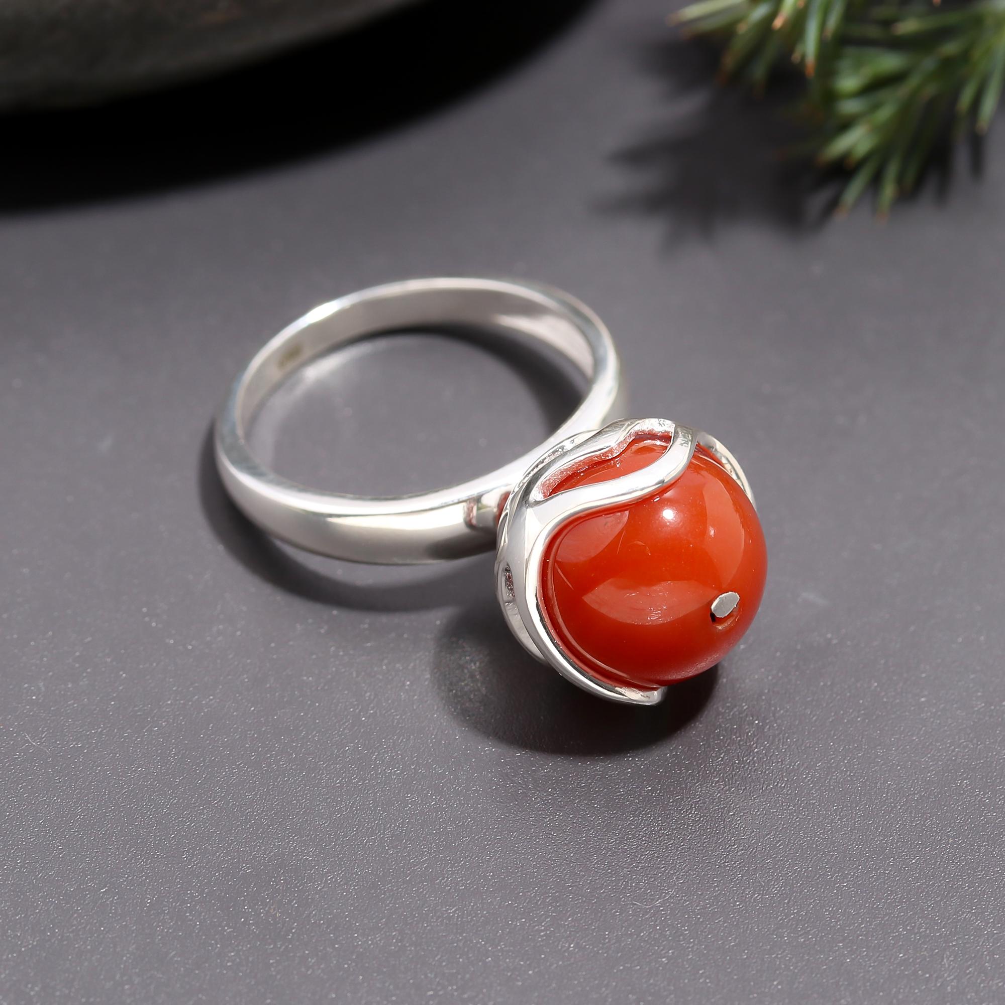925 Silver Round Red Coral Solitaire Ring