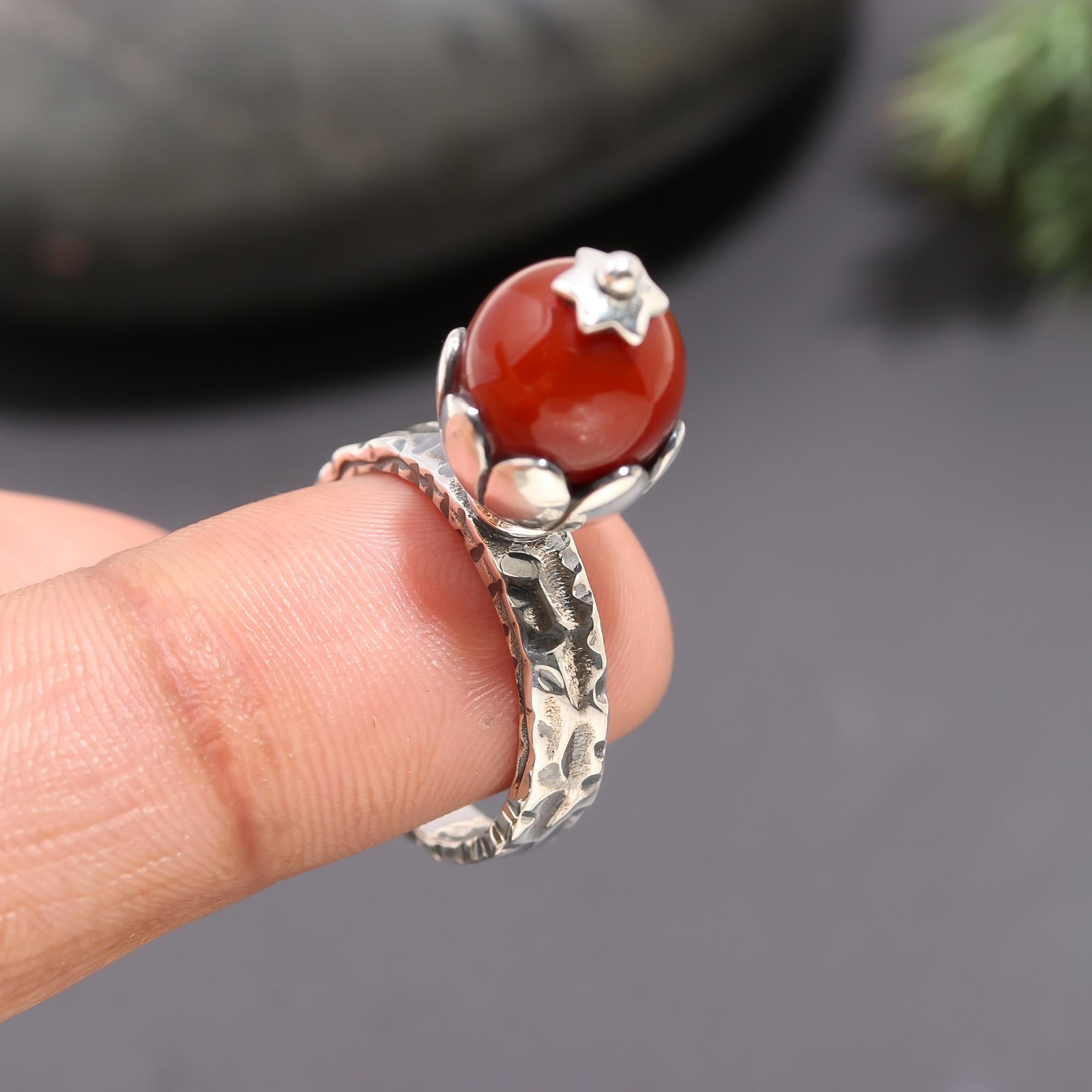 925 Silver Red Coral Textured Band Ring