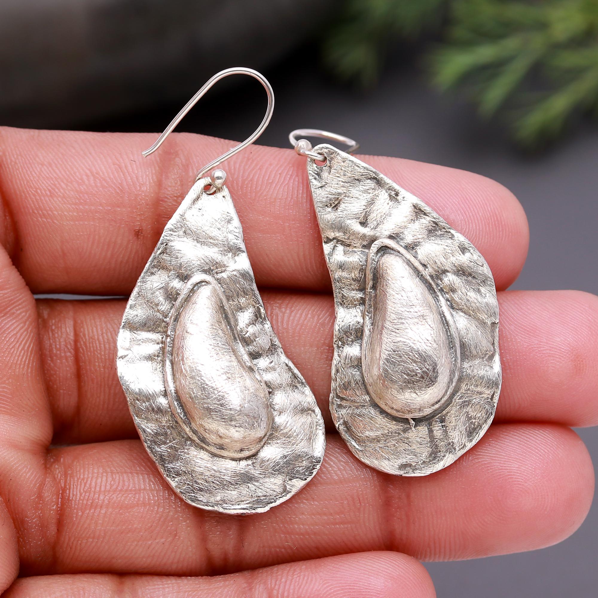 925 Silver Textured Teardrop Dangle Earrings