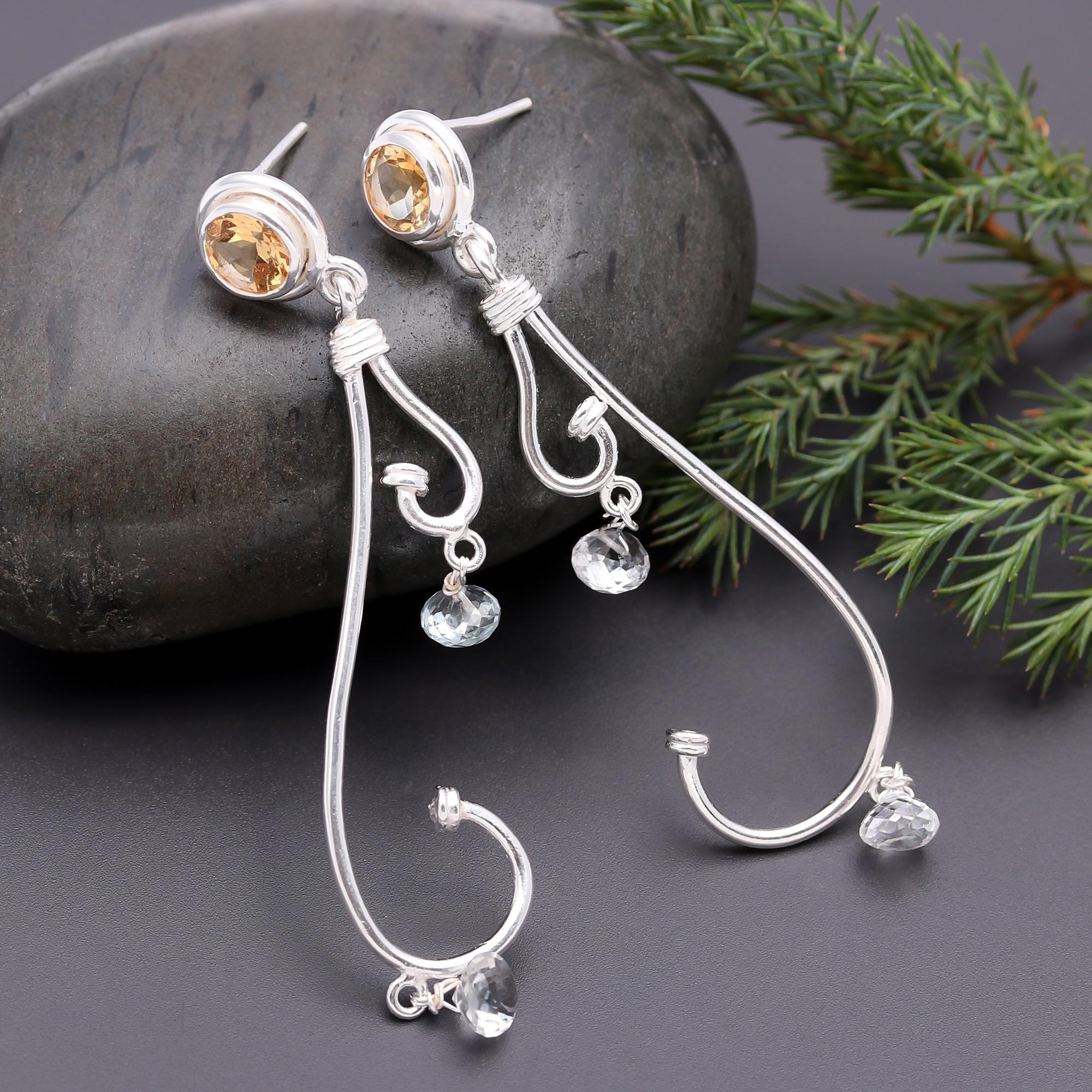 925 Silver Citrine and Crystal Quartz Long Swirl Earrings