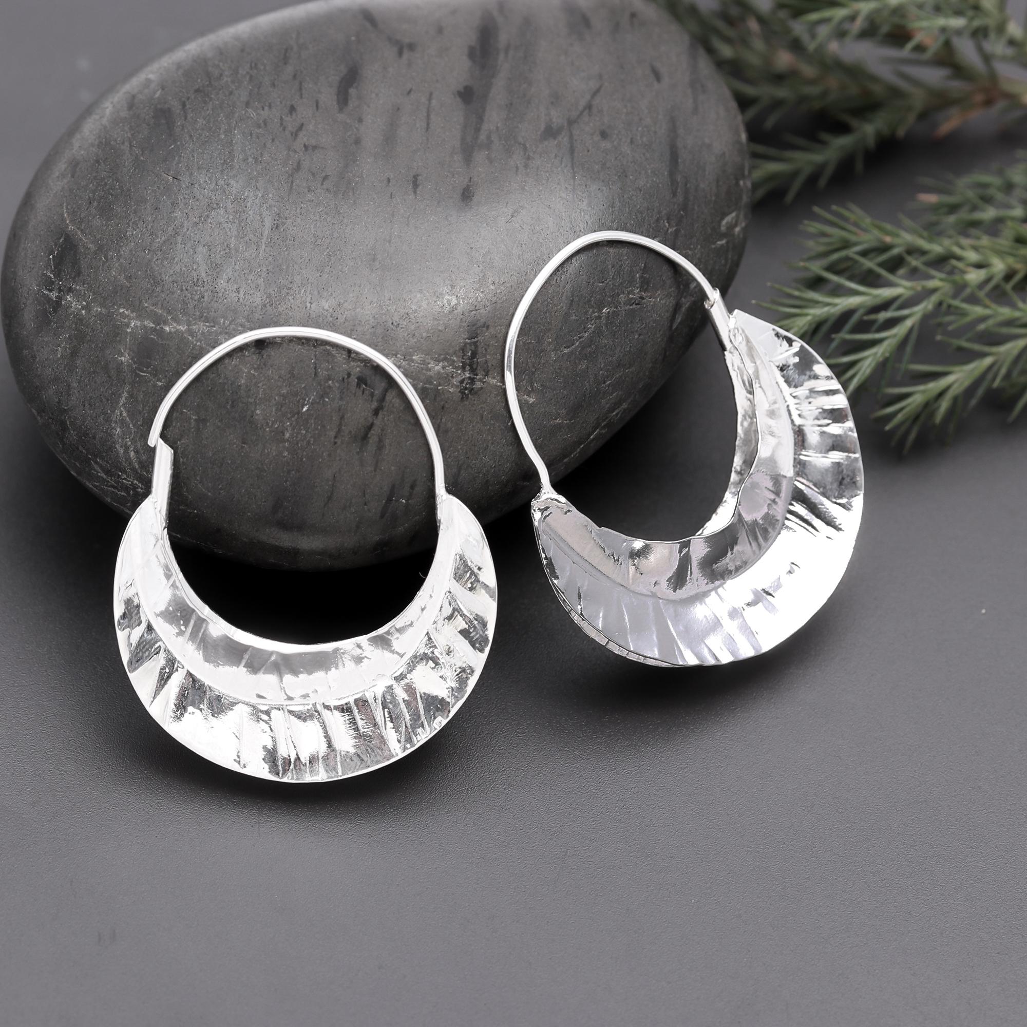 925 Silver Hammered Crescent Hoop Earrings