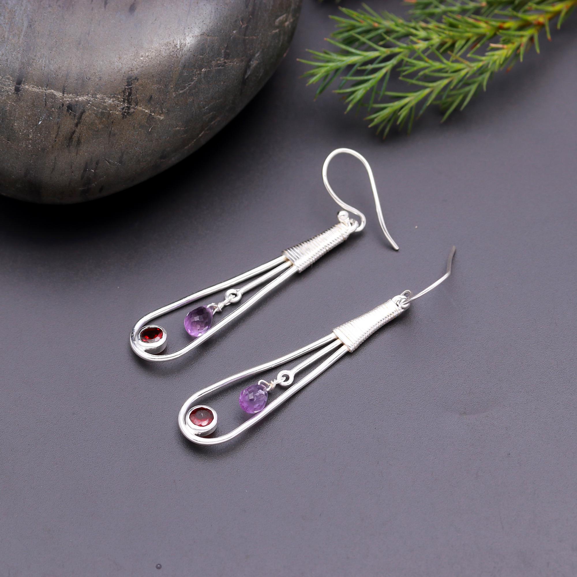 925 Silver Amethyst and Garnet Wire Drop Earrings