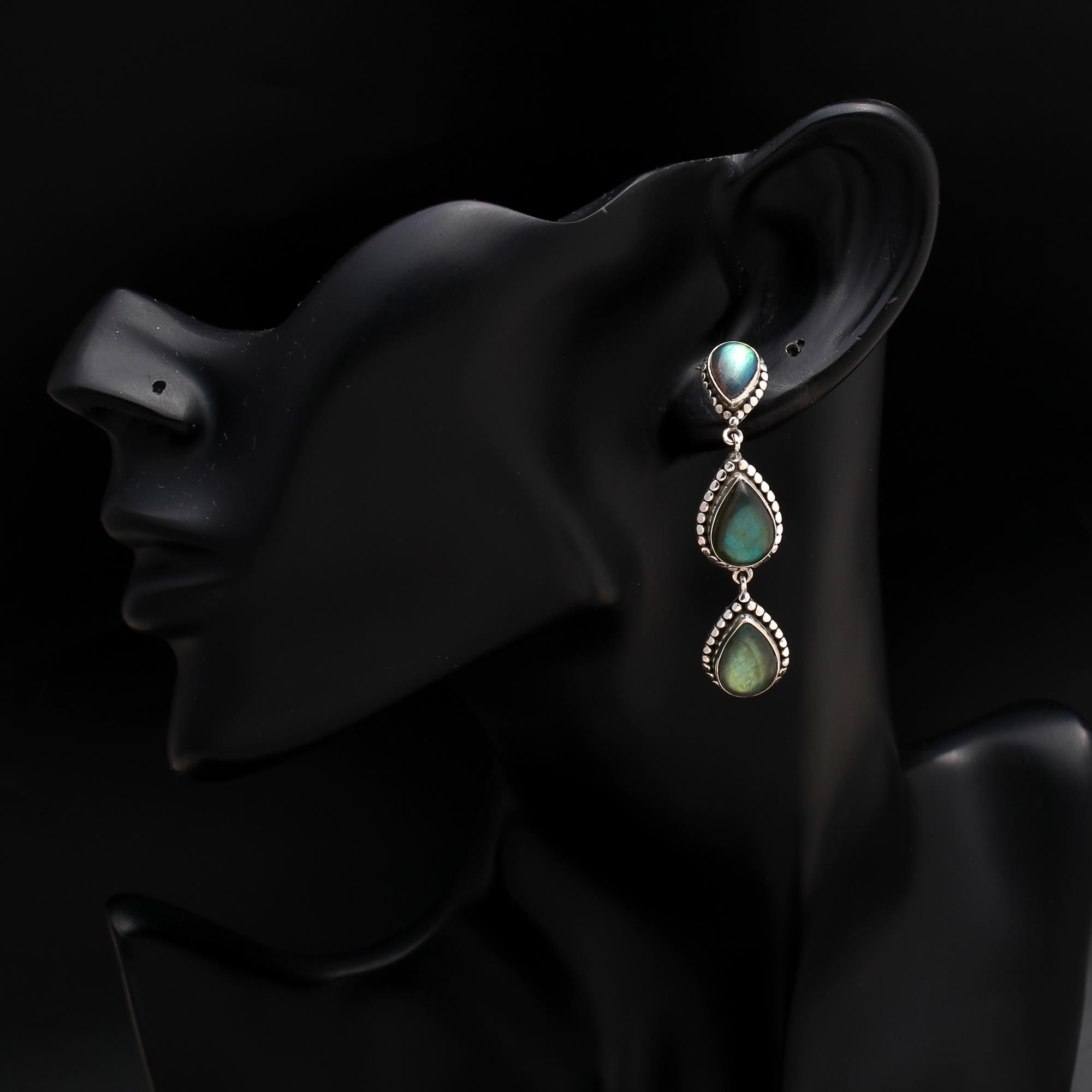 925 Silver Triple Labradorite Drop Earrings