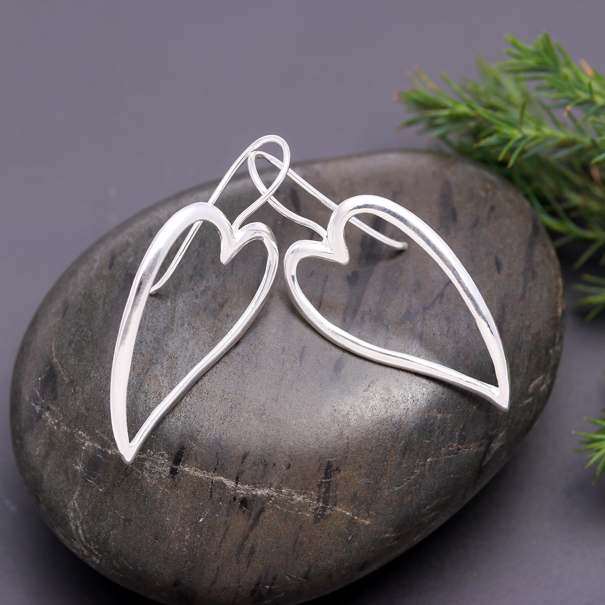 925 Silver Open Heart Dangle Earrings