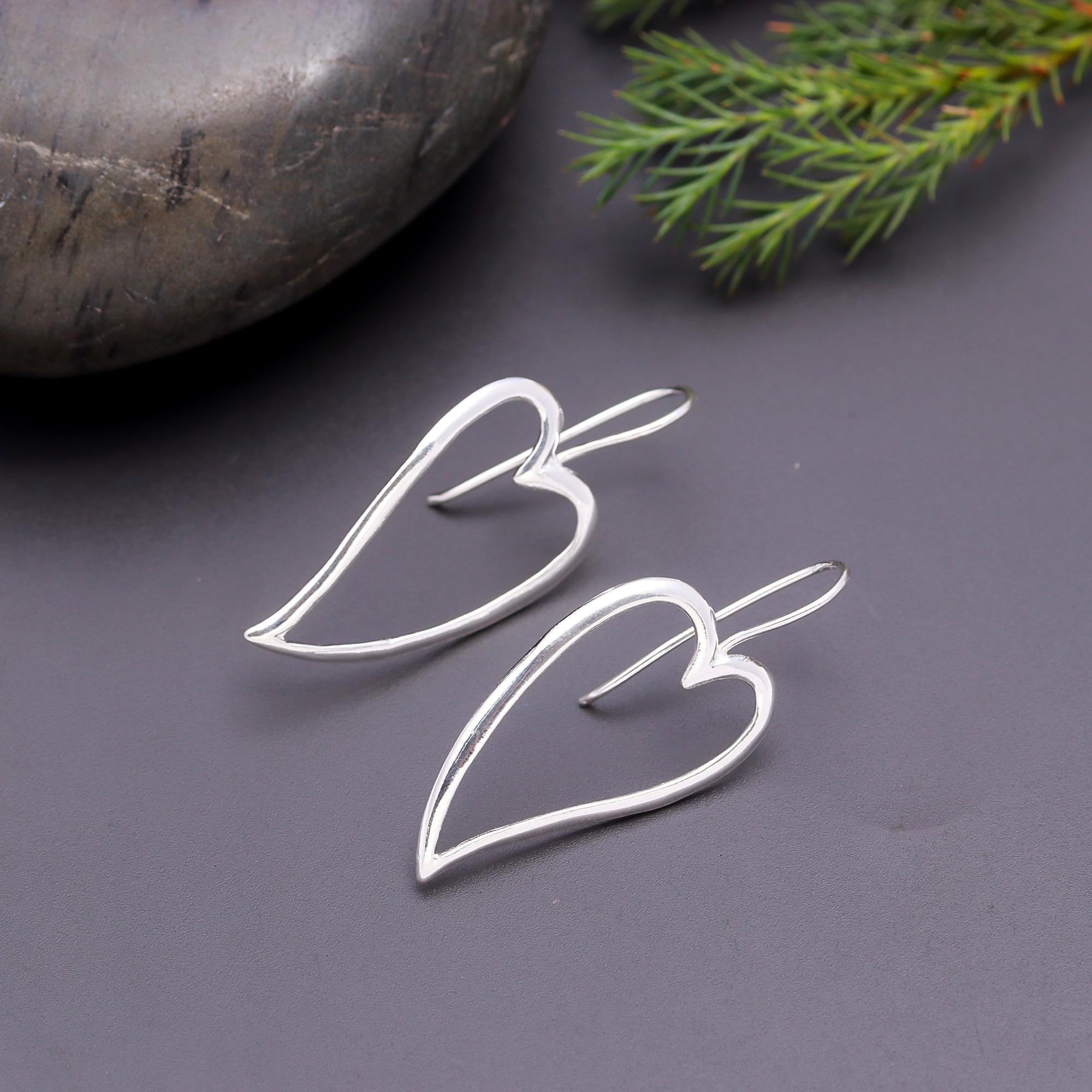 925 Silver Open Heart Dangle Earrings