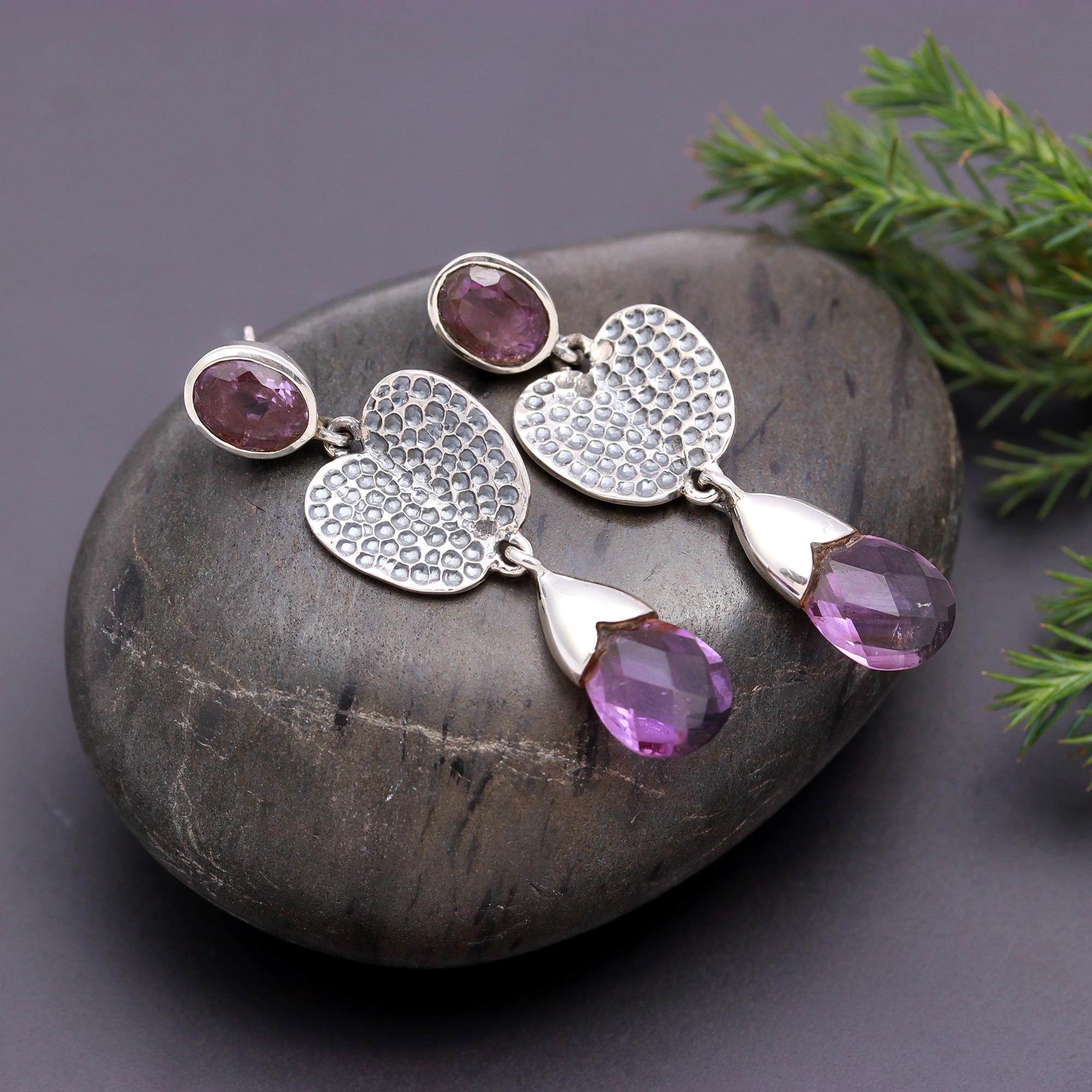 925 Silver Amethyst Textured Heart Drop Earrings