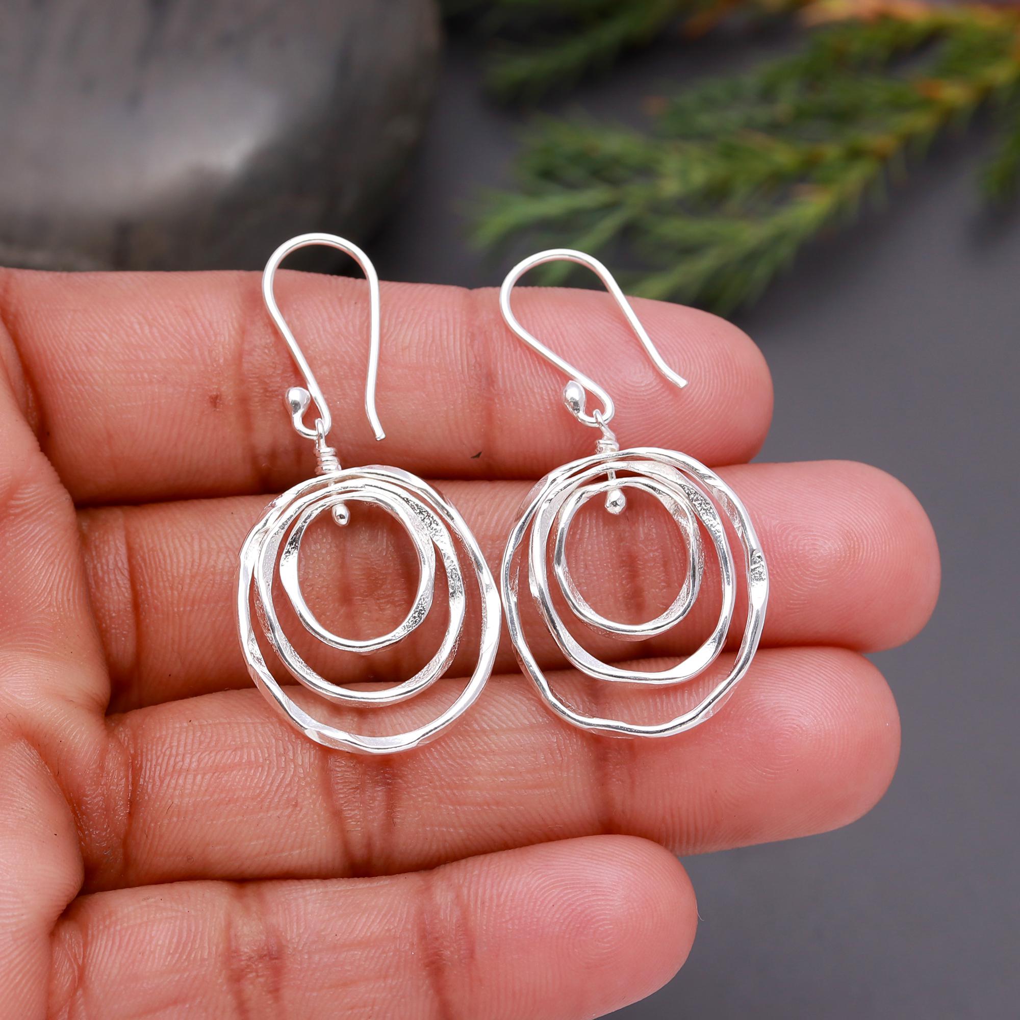 925 Silver Textured Triple Hoop Dangle Earrings