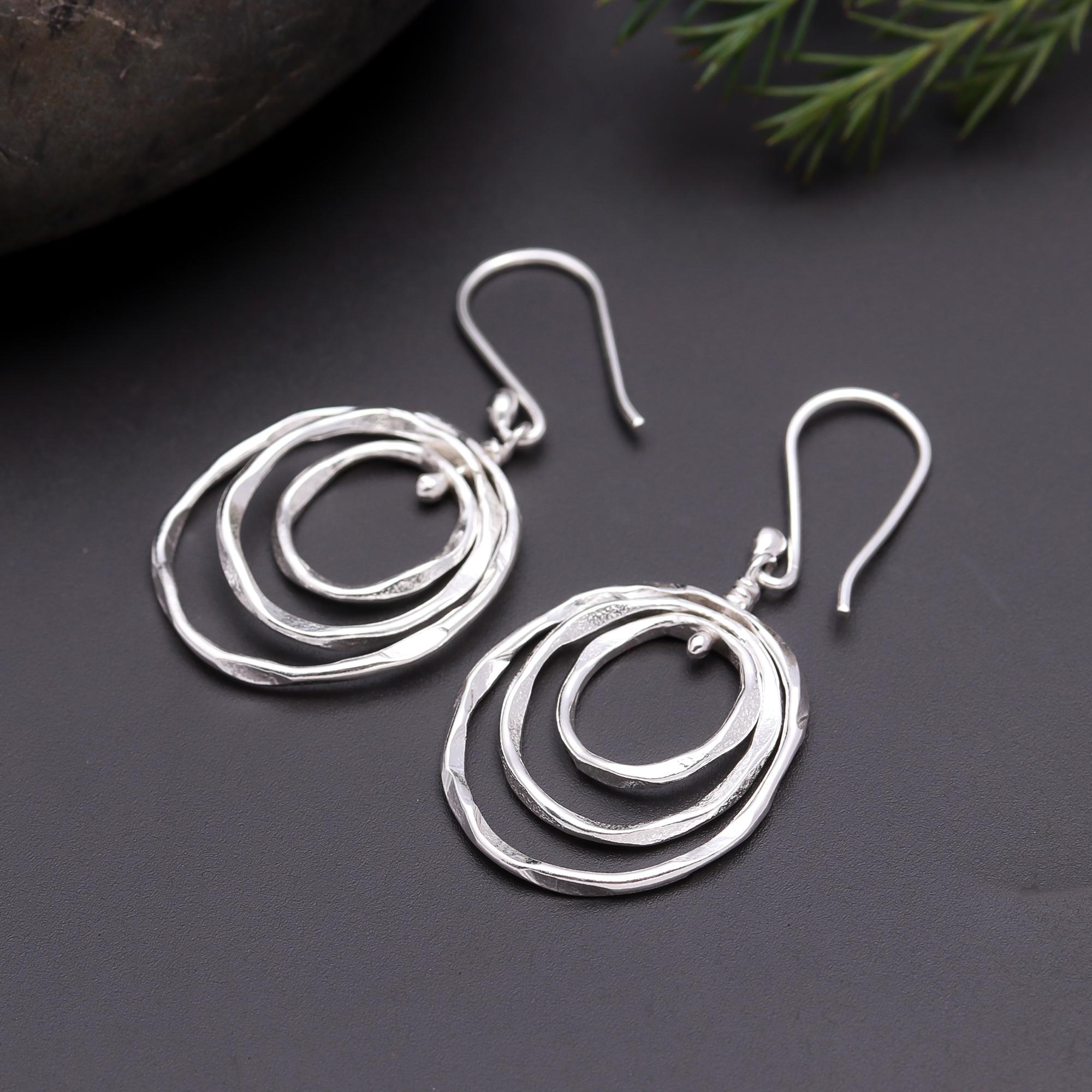925 Silver Textured Triple Hoop Dangle Earrings