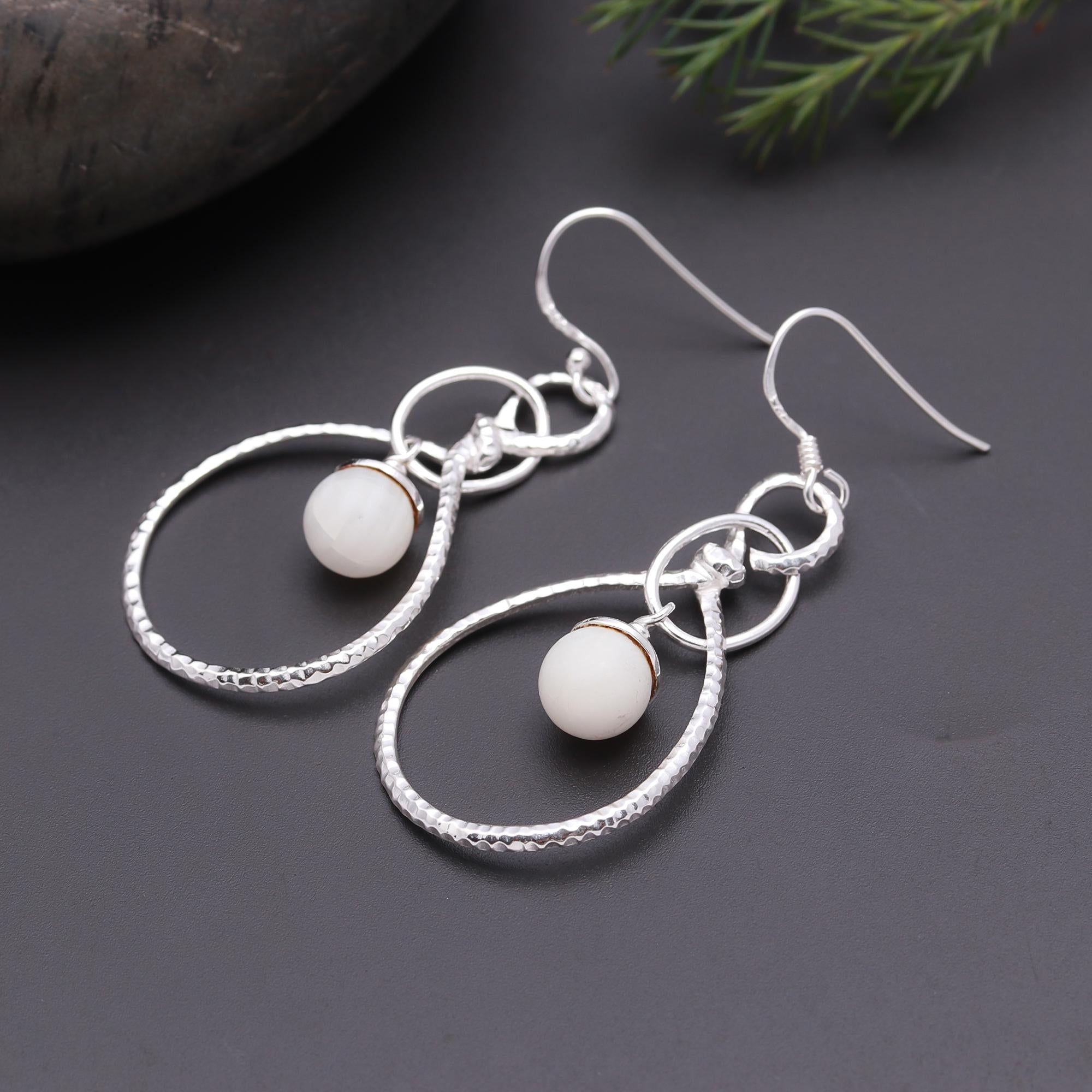 925 Silver Hammered Hoop Moonstone Drop Earrings