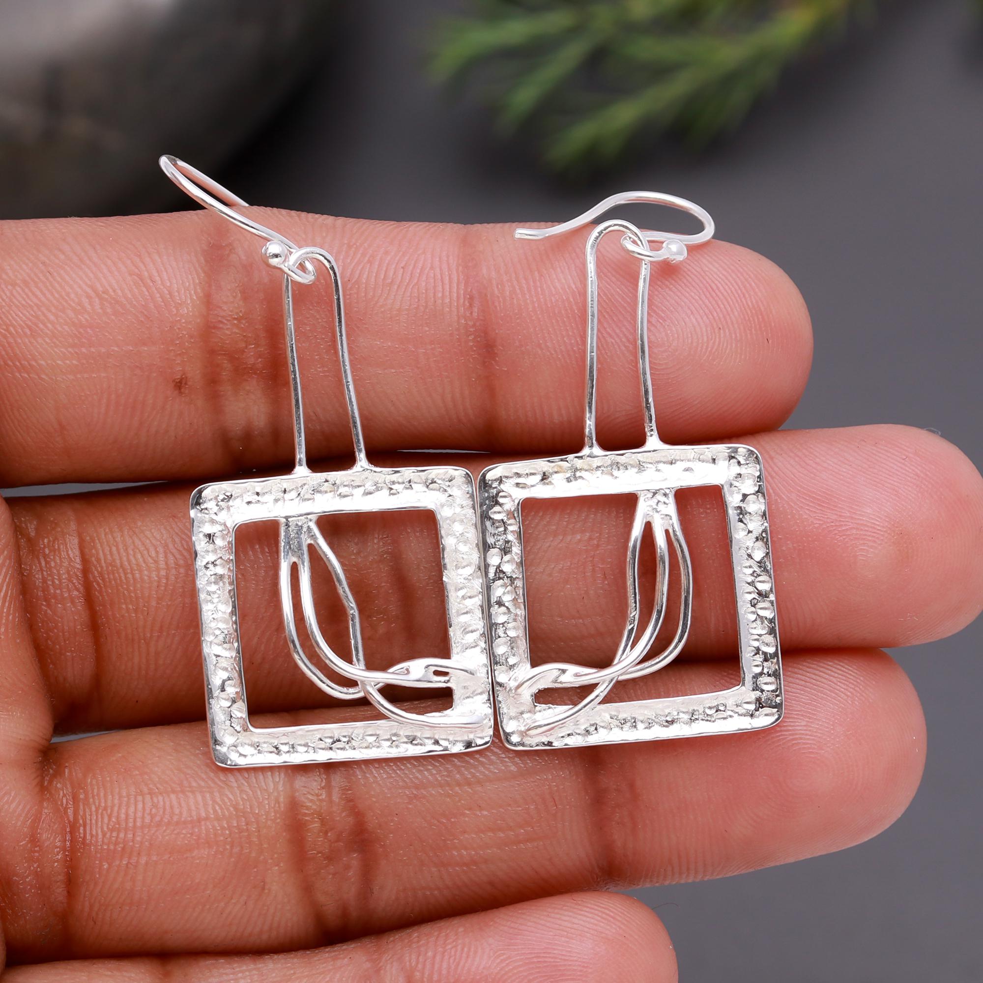 925 Silver Hammered Square Frame Earrings