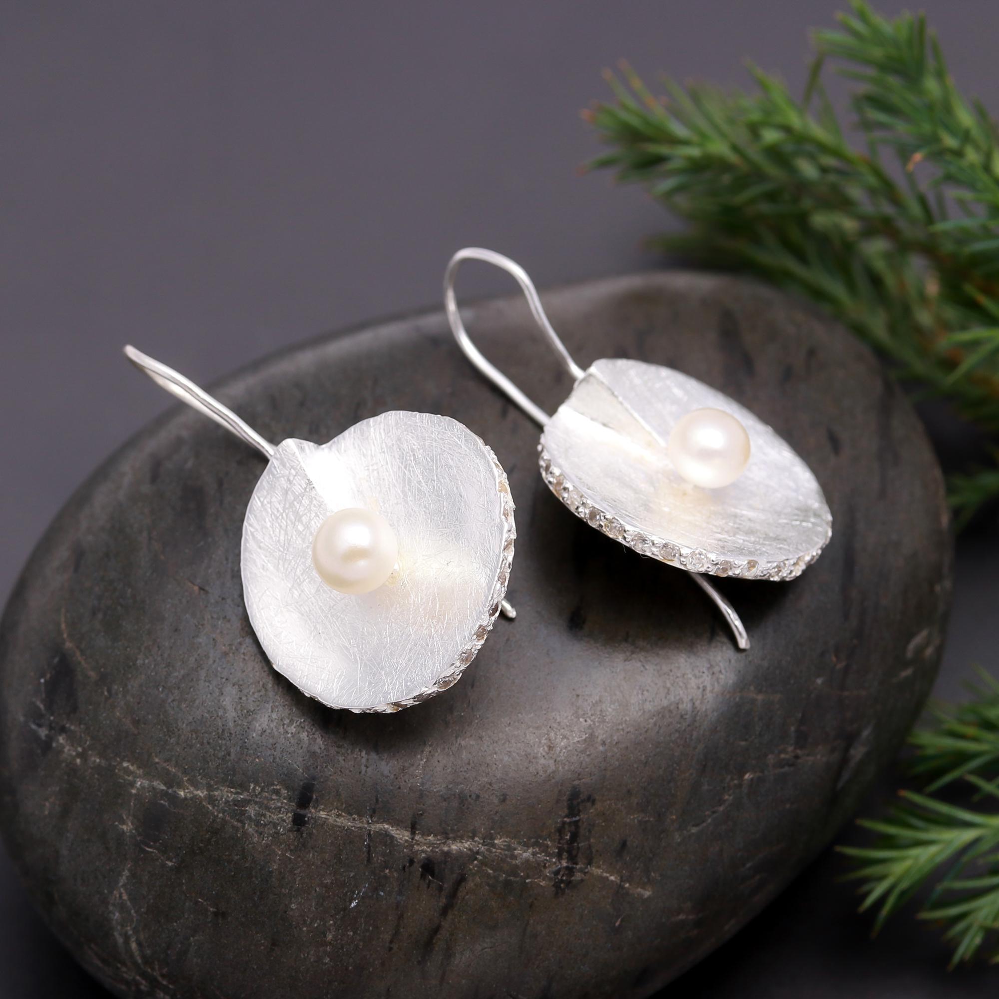 925 Silver Textured Petal Pearls Dangle Earrings