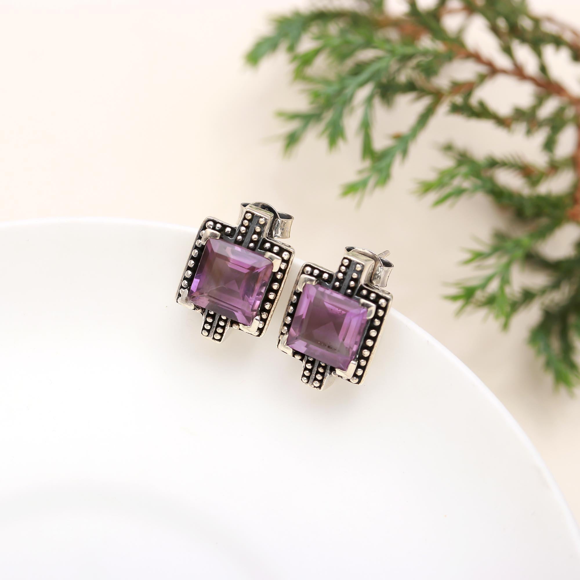 925 Sterling Silver Faceted Amethyst Vintage Square Gemstone Stud Earrings