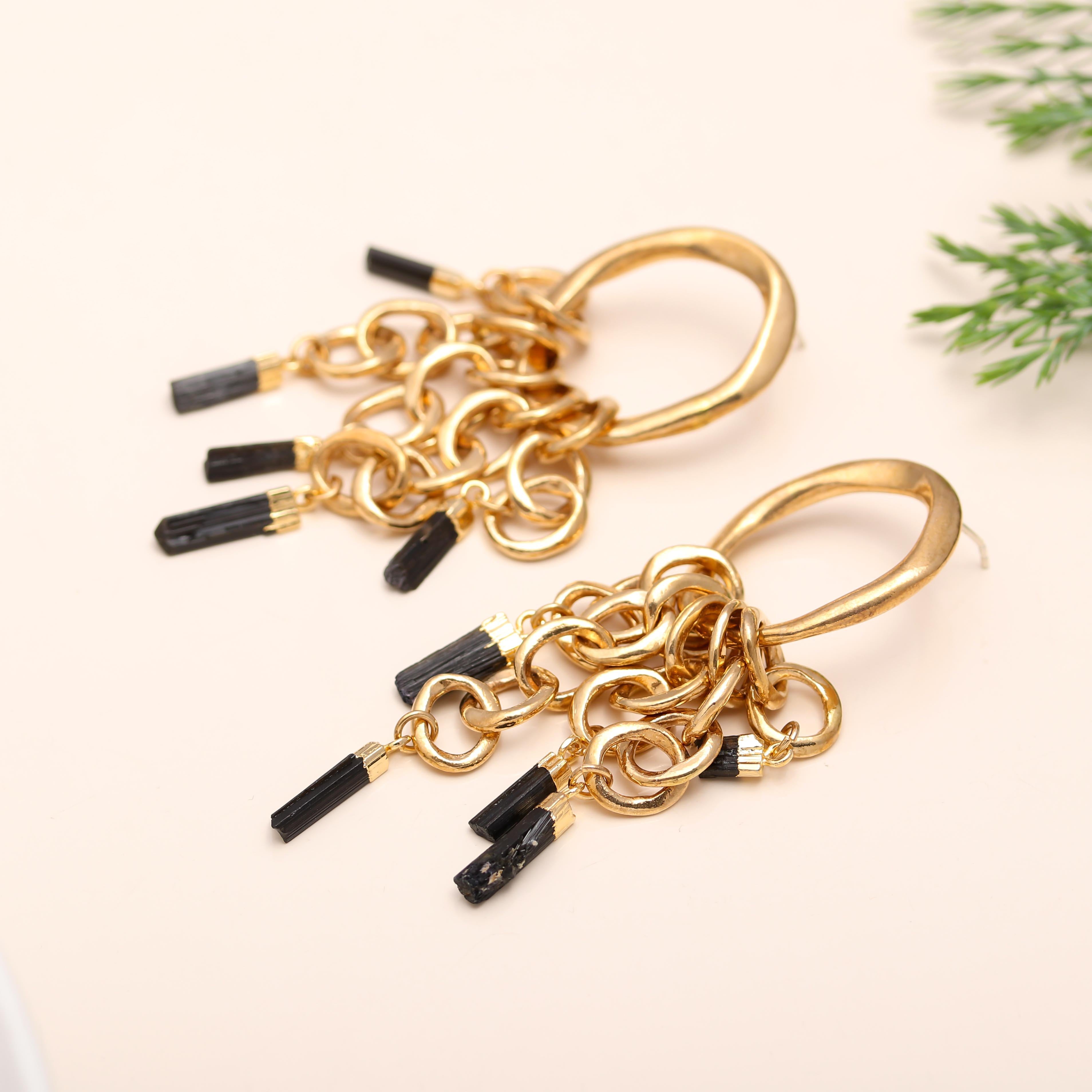 Oval Black Tourmaline Stud Earrings in Brass Handmade