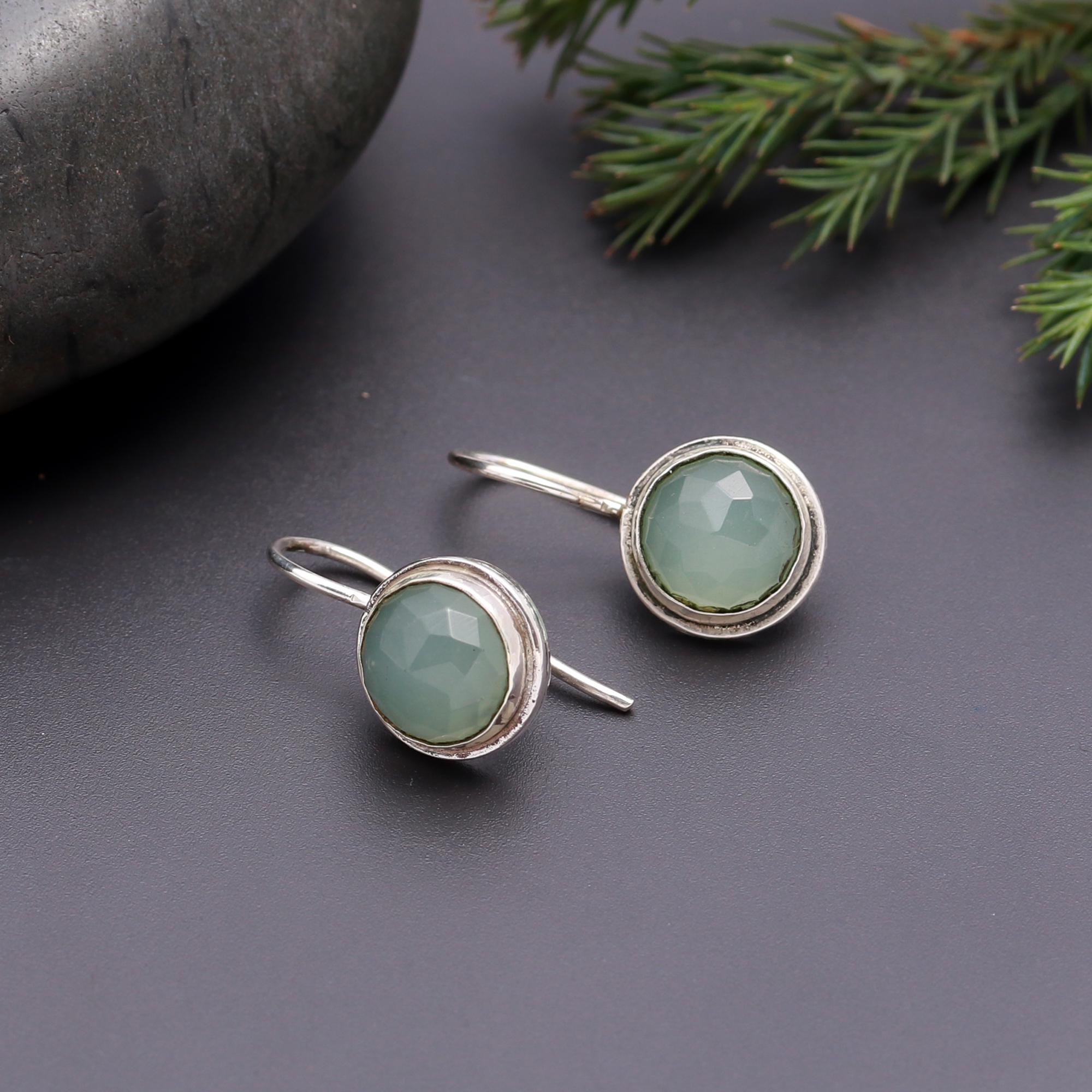 925 Silver Green Chalcedony Dangle Earrings